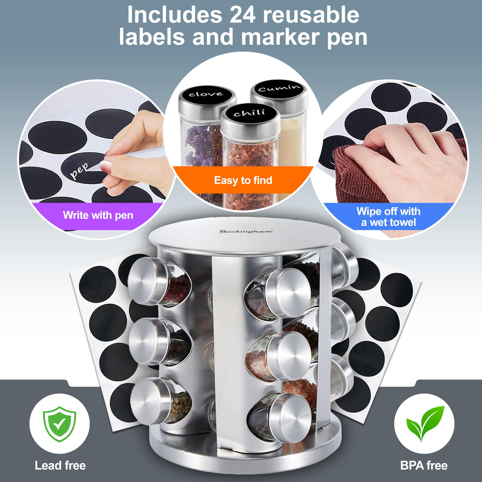 Buckingham 30920 - Estante giratorio de acero inoxidable con cristal, organizador de carrusel para especias y hierbas de cocina (12 tarros)