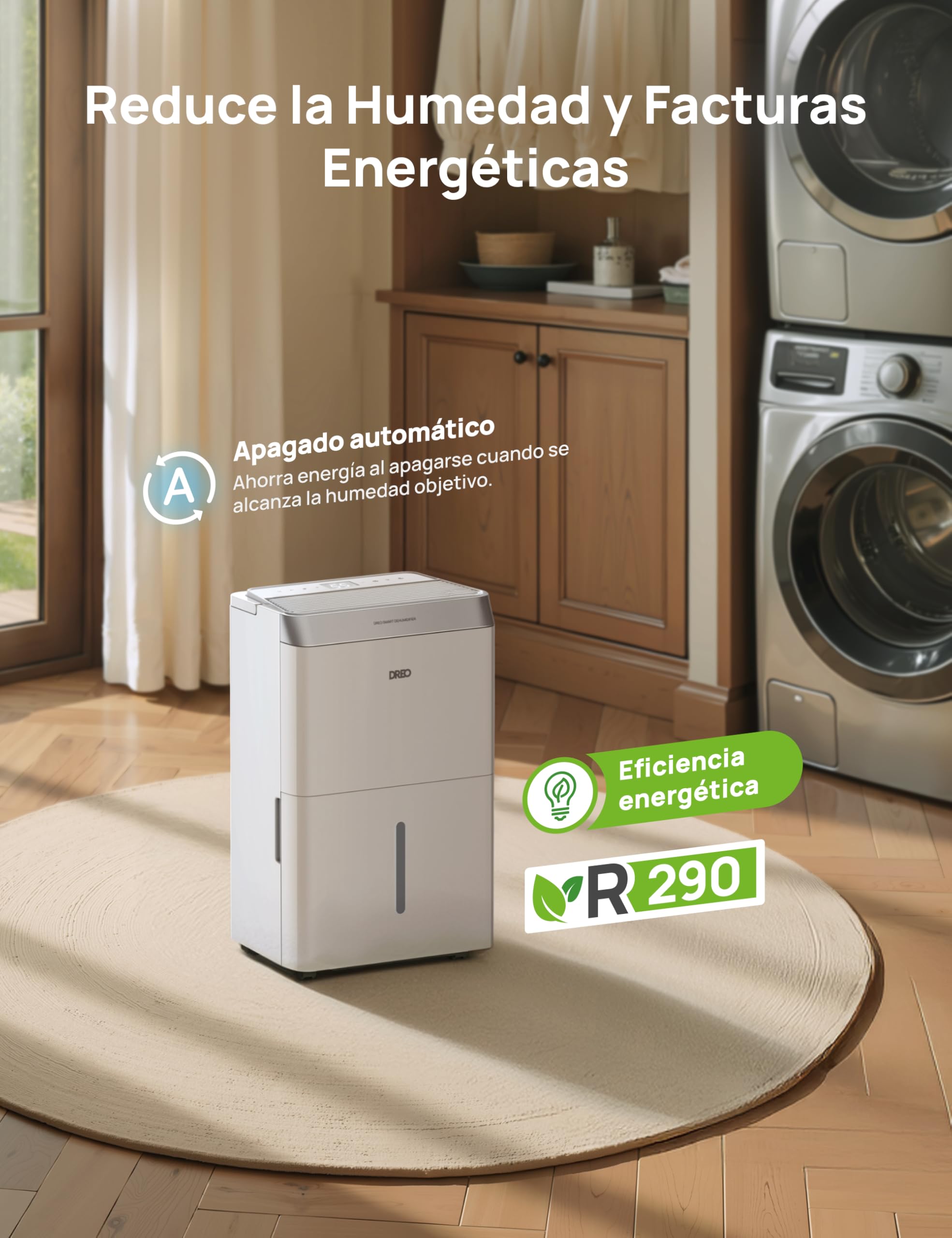 DREO Deshumidificador Inteligente 20 L/24 h, para estancias de hasta 37 m² – eficiente y silencioso – App & Alexa, 3 modos, temporizador, humedad ajustable, tubo de desagüe, dormitorio & baño