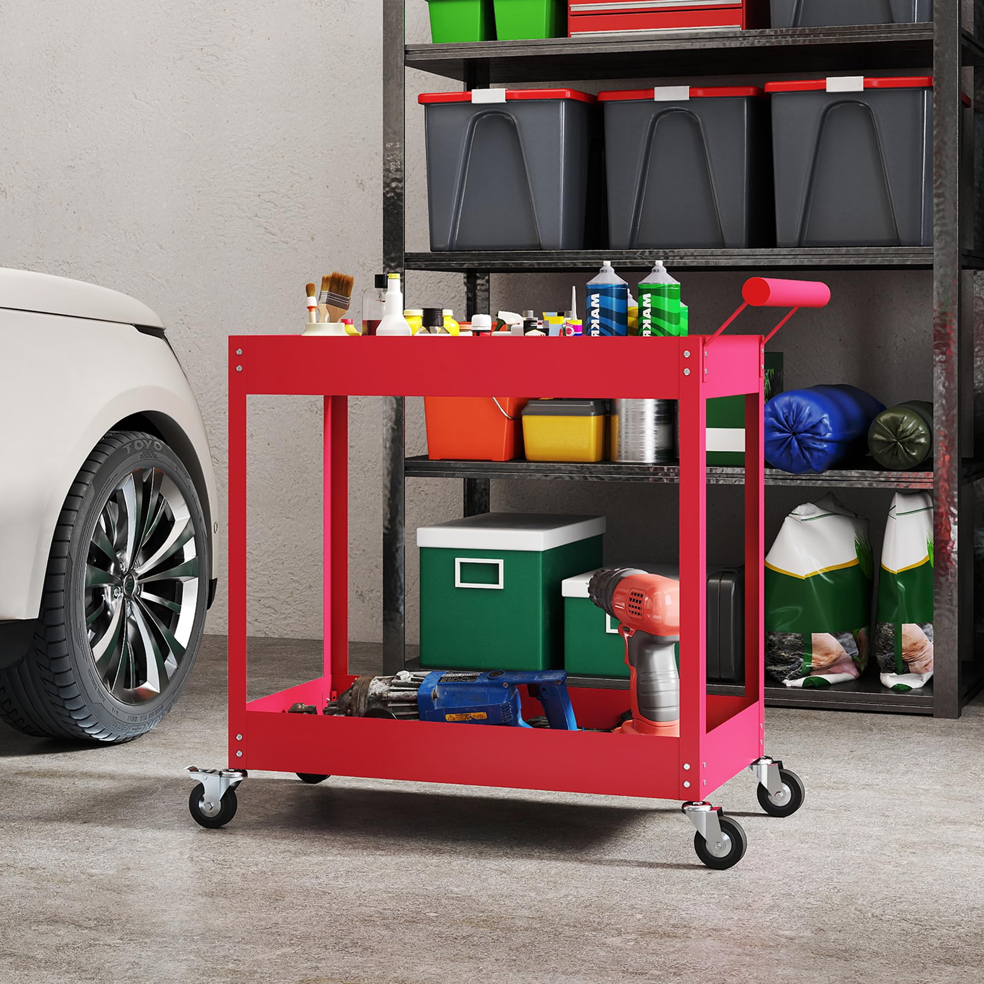 DURHAND Chariot d'atelier servante Atelier Chariot à Outils à 2 Niveaux, poignée latérale et roulettes verrouillables, pour Garage, entrepôt, Outils de Bricolage, Charge 150 Kg, 84,5x38x84cm, Rouge
