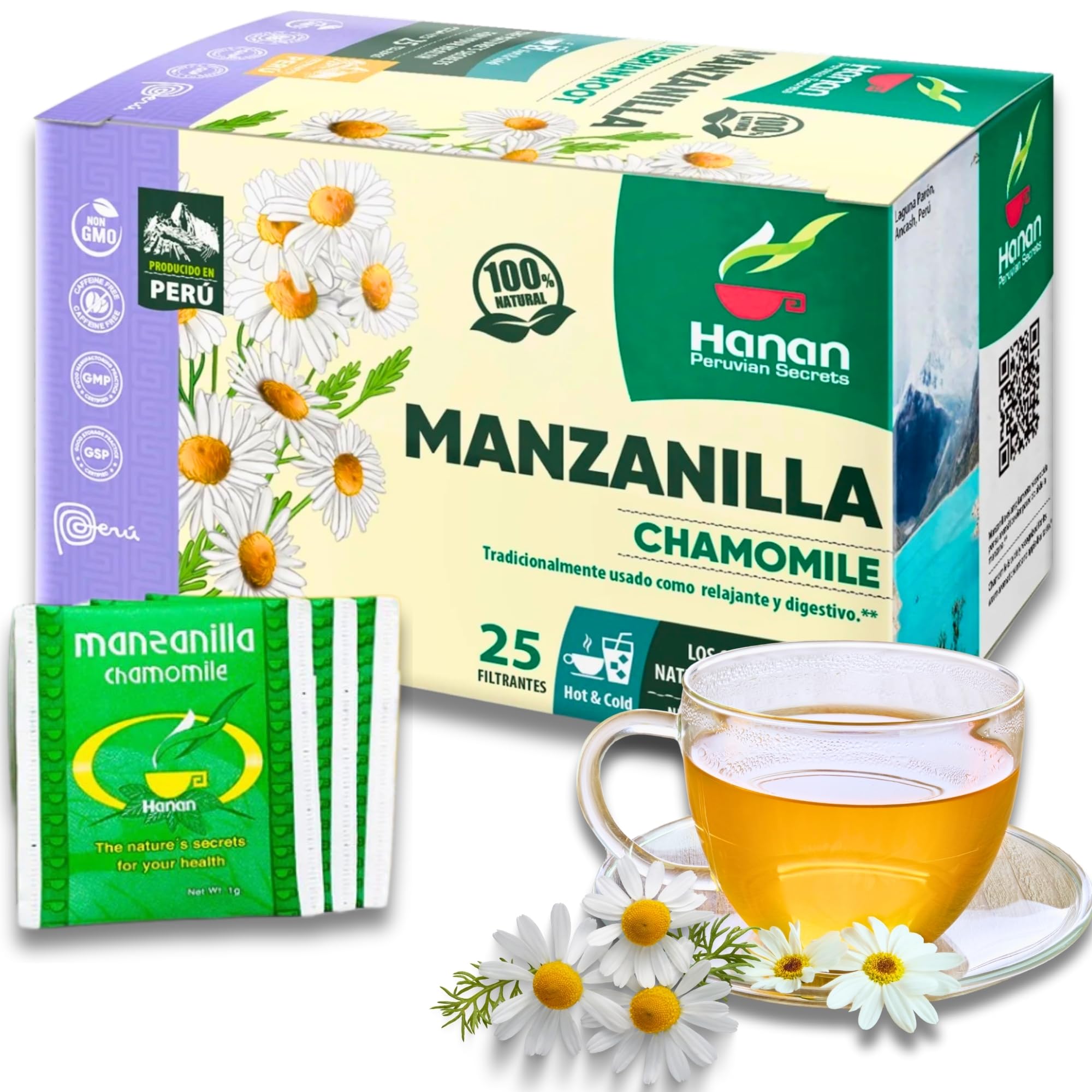 HananManzanilla Tea (Chamomile) - 25 Tea Bags of Natural Camomile Flowers (Te de Manzanilla) Herbal Tea of Flor Matricaria chamomilla L - Natural Sedative, Relaxant, Sleep Aid, Anti-Stress