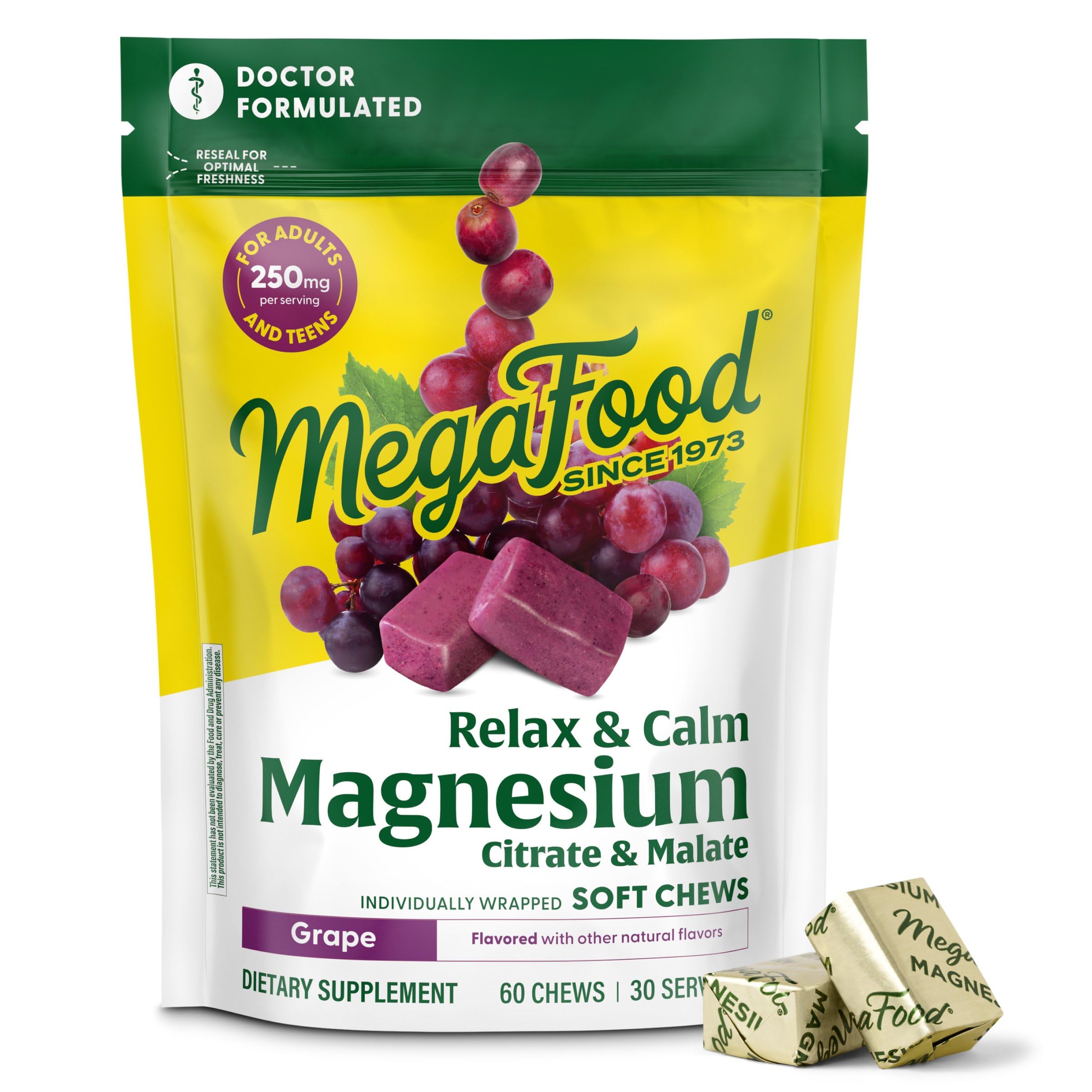 MegaFood Relax + Calm Magnesium Supplement - Soft Chews with Magnesium Citrate & Magnesium Malate for Heart Health, Muscle Tension & More - Vegetarian - Grape-Flavor - 60 Chews per pack (30 Servings)