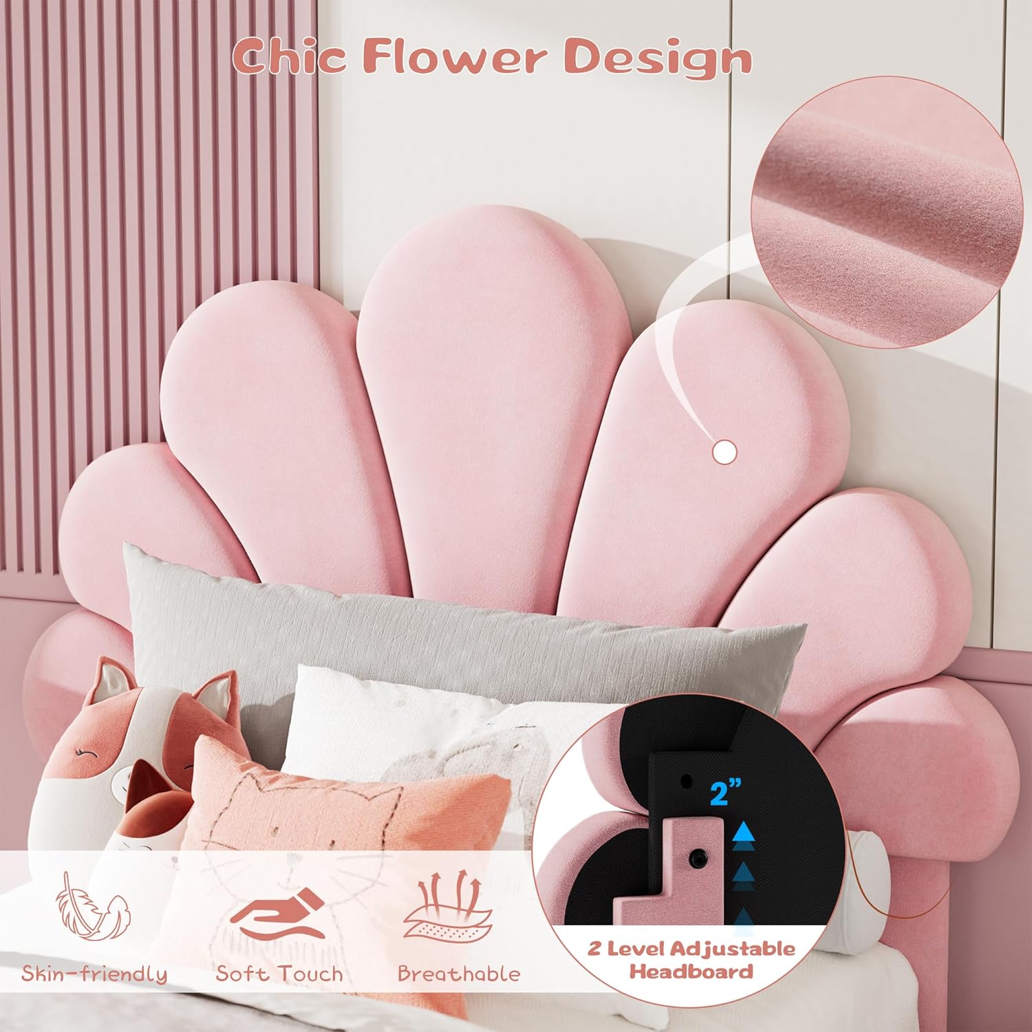 Twin Size Bed Frame for Kids - with 2 Storage Drawers, Cute Velvet Princess Platform Bed with Upholstered Headboard for Girls/Boys, Solid Wood Slats Support, No Box Spring Needed, Easy Assembly, Pink