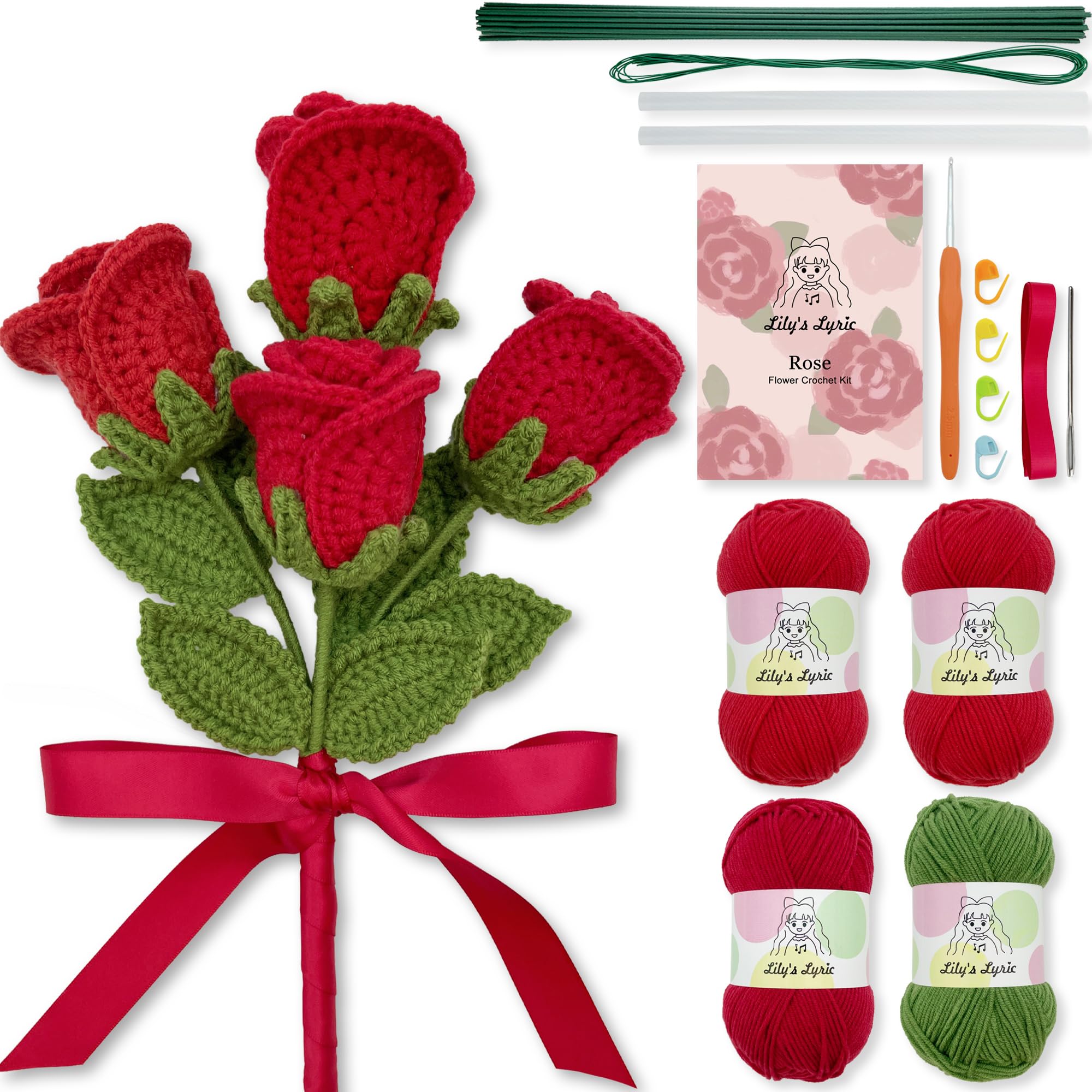 Lily's Lyric Flower Crochet Kit | Red Rose | Step-by-Step Video Tutorial for Adults Teenagers | Craft Gift Idea DIY Home Decoration
