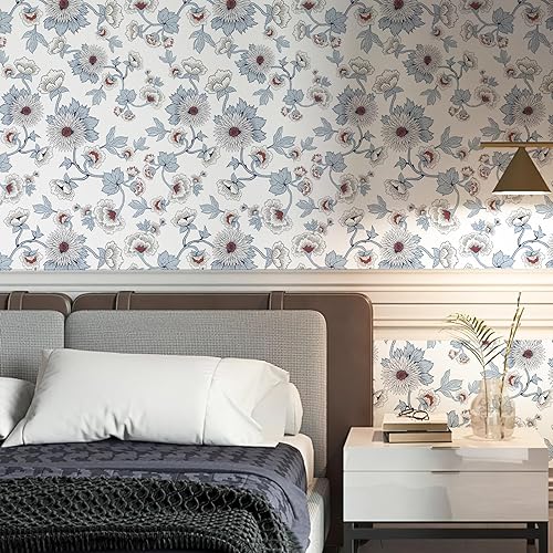 Miniatura 4 de Papel tapiz vintage floral azul y blanco de 17.3 x 118 pulgadas, papel tapiz autoadhesivo retro de margaritas, papel de contacto extraíble para