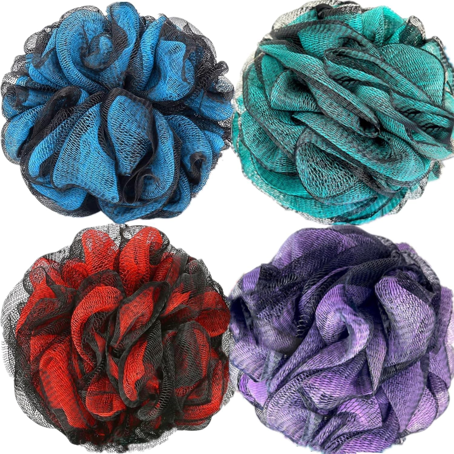 Loofah Sponge Shower Loofahs 4 Colors Bath Sponges Body Scrubbers | Mesh Balls 70g Luffa for Rich Lather Exfoliating Wash Back Scrubber Bathroom Men Women 4 Pack Cleaning Bathing Accessories Purple, Red, Green, Blue 70g