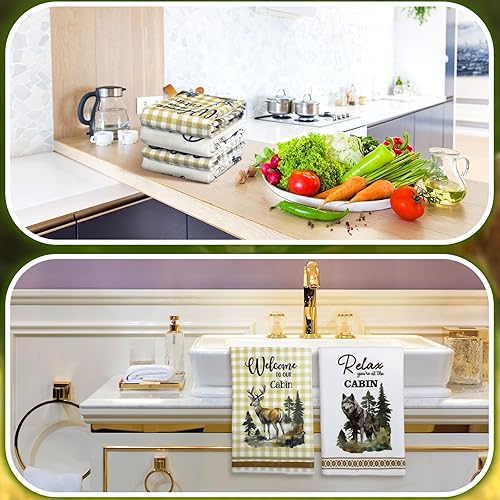 Miniatura 4 de Buryeah Juego de 4 toallas de cocina de cabaña de 23.6 x 16 pulgadas, diseño de oso de vida silvestre, ciervo, oso, decoración rústica, suave,