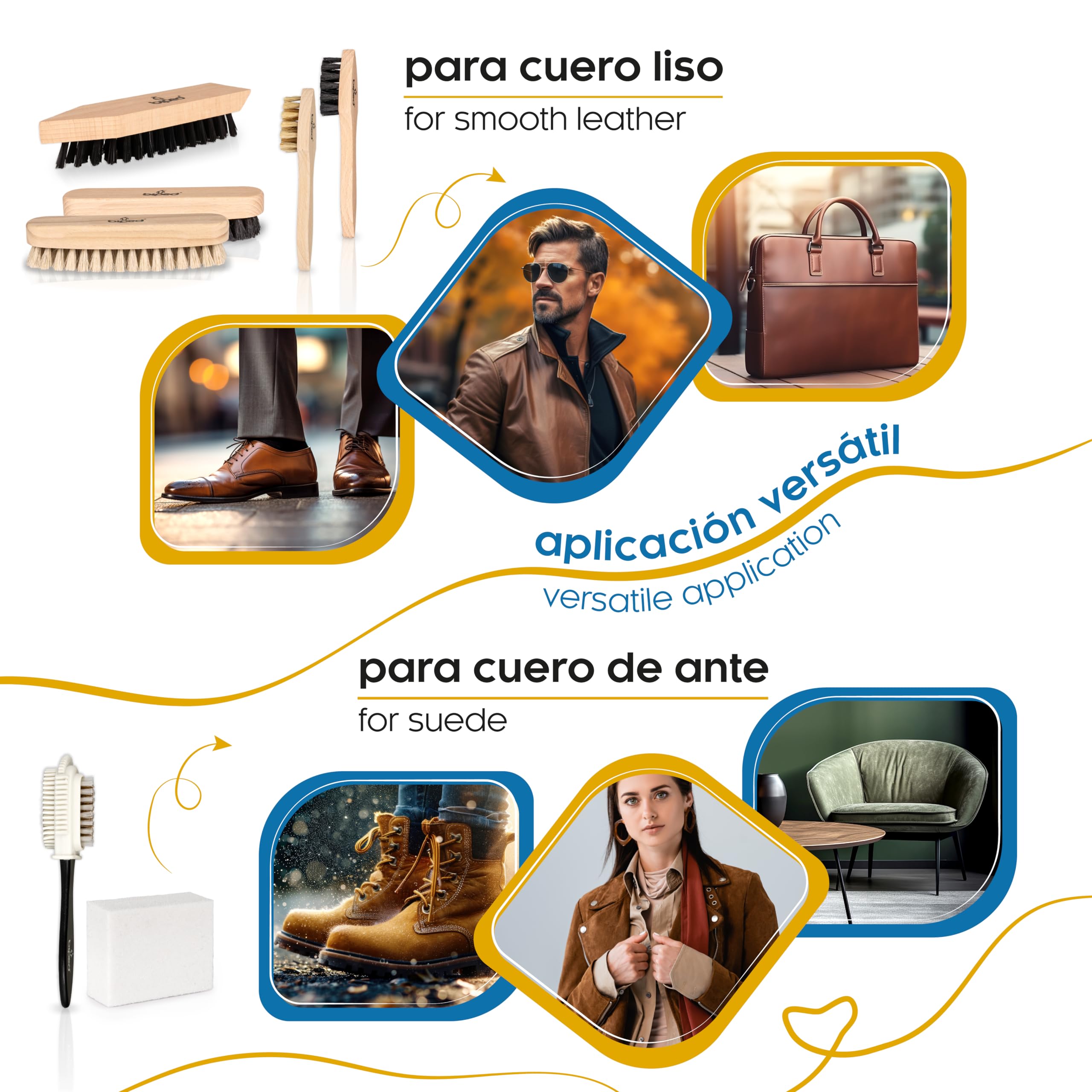 biped juego de cepillos para calzado Classic - Cepillos para calzado, para el cuidado de cuero liso y rugoso - Juego para limpieza del calzado con cepillos lustradores y cepillos para ante z2463