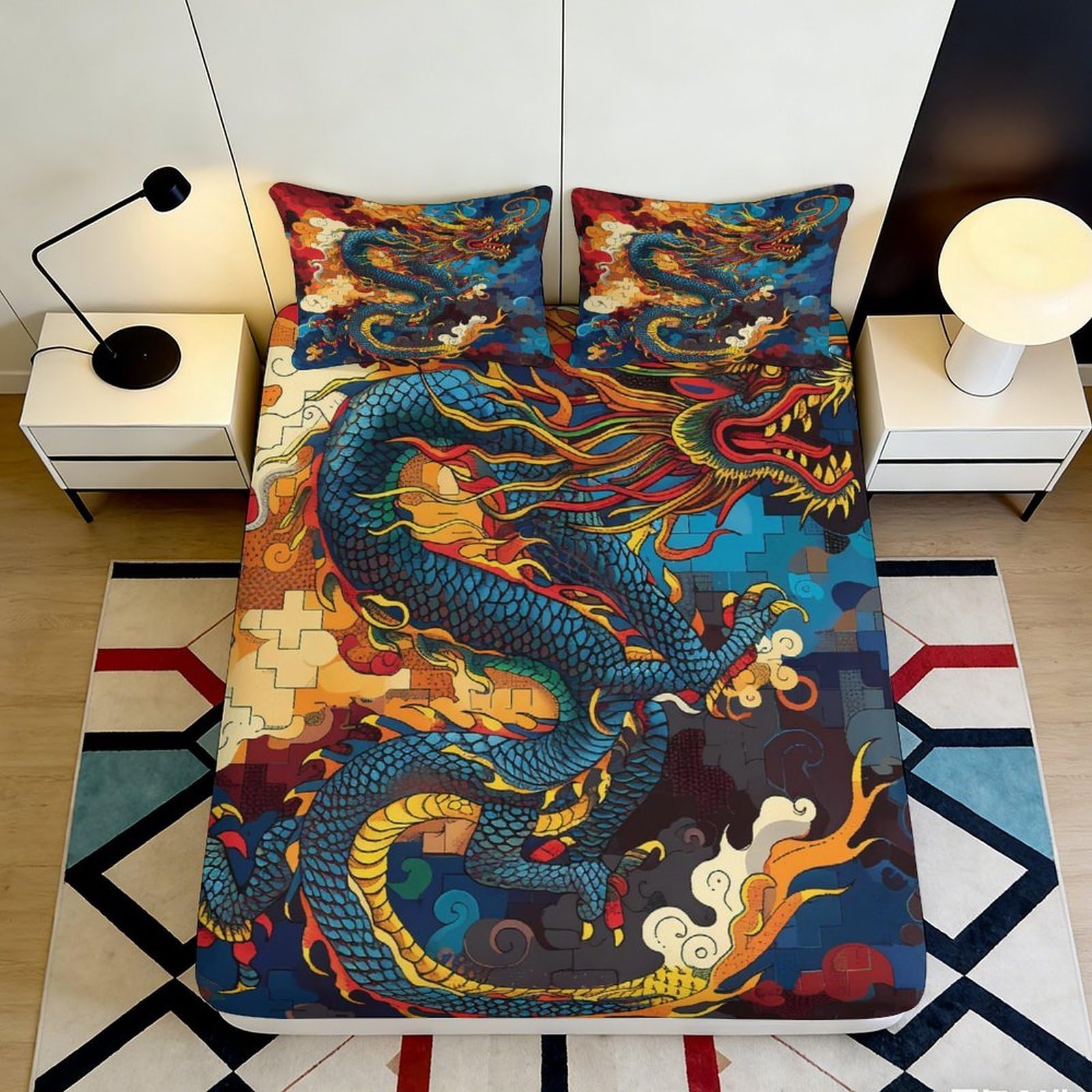 3D Printed Chinese Dragon Fitted Sheet Microfiber Durable Breathable Blue Red Pattern Bed Cover for Bedroom Dormitory Guest Room Mattress Protection 160x200x25cm