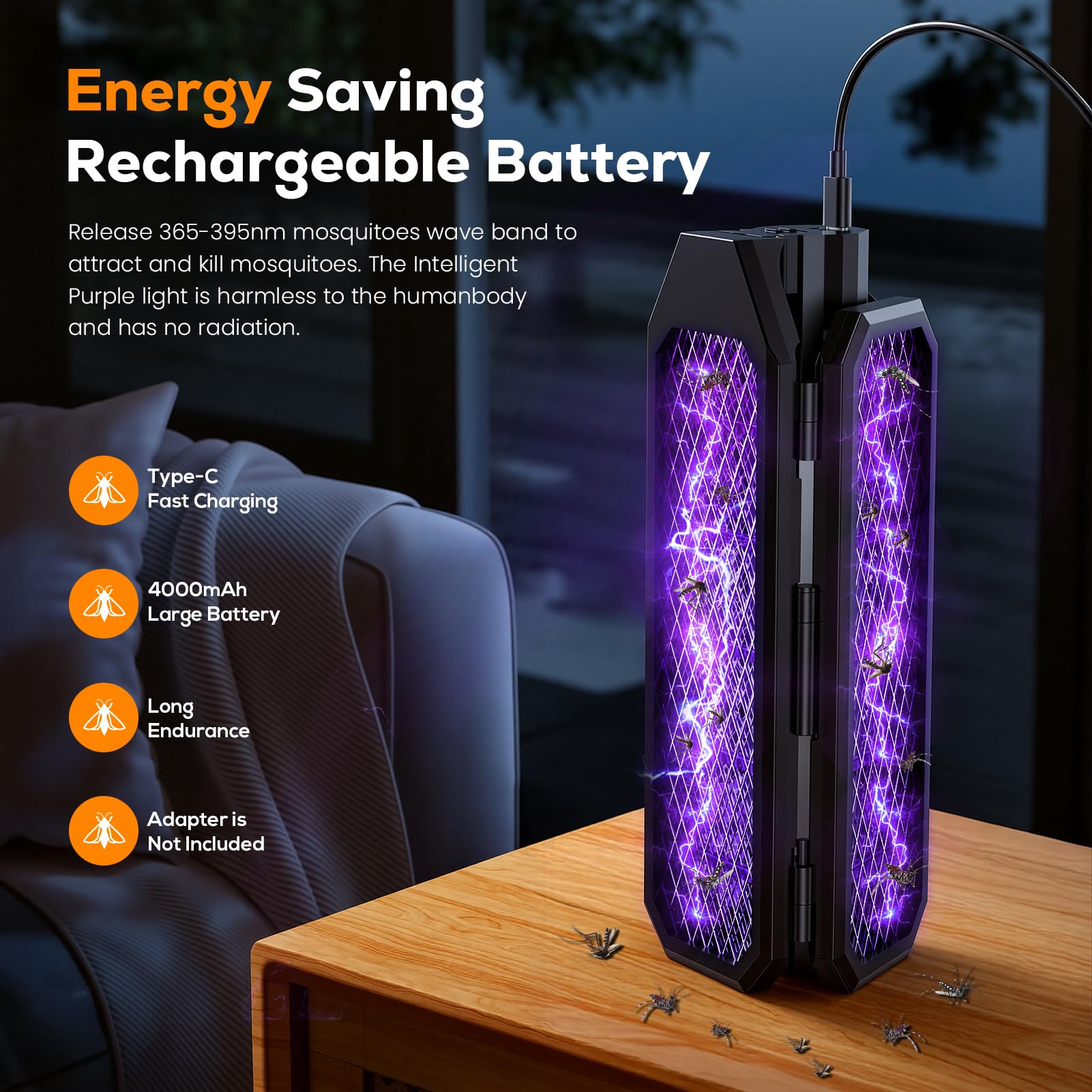 Lampe Anti Moustique, Raquette Anti-Insectes 2 en 1, Tueur D'insectes Portable avec lumière UV, Batterie Rechargeable de 4000 mAh, Électrique Anti Insectes, Design de Voyage Compact