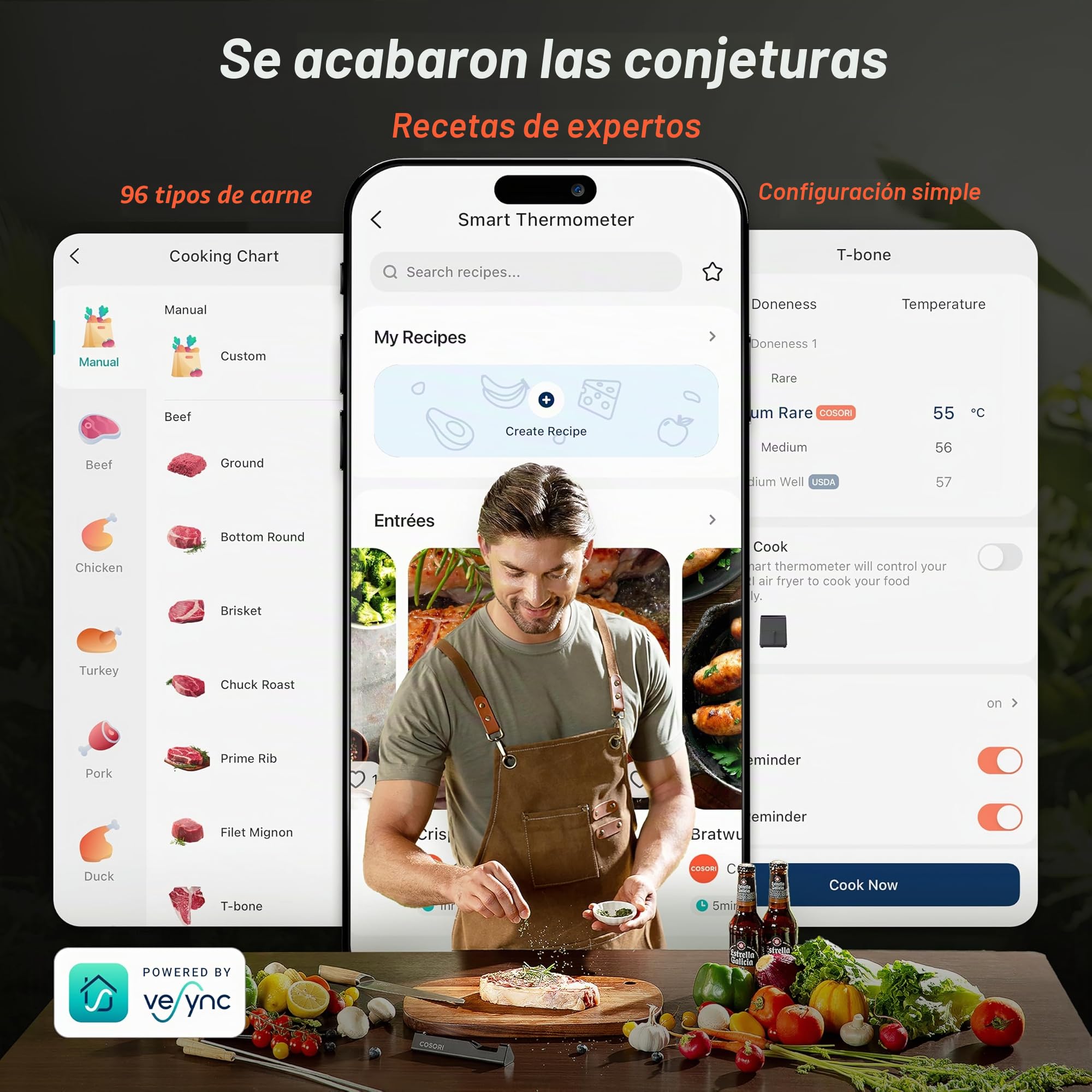COSORI Termómetro de carne inteligente, de parrilla inalámbrico con un alcance de 50 metros