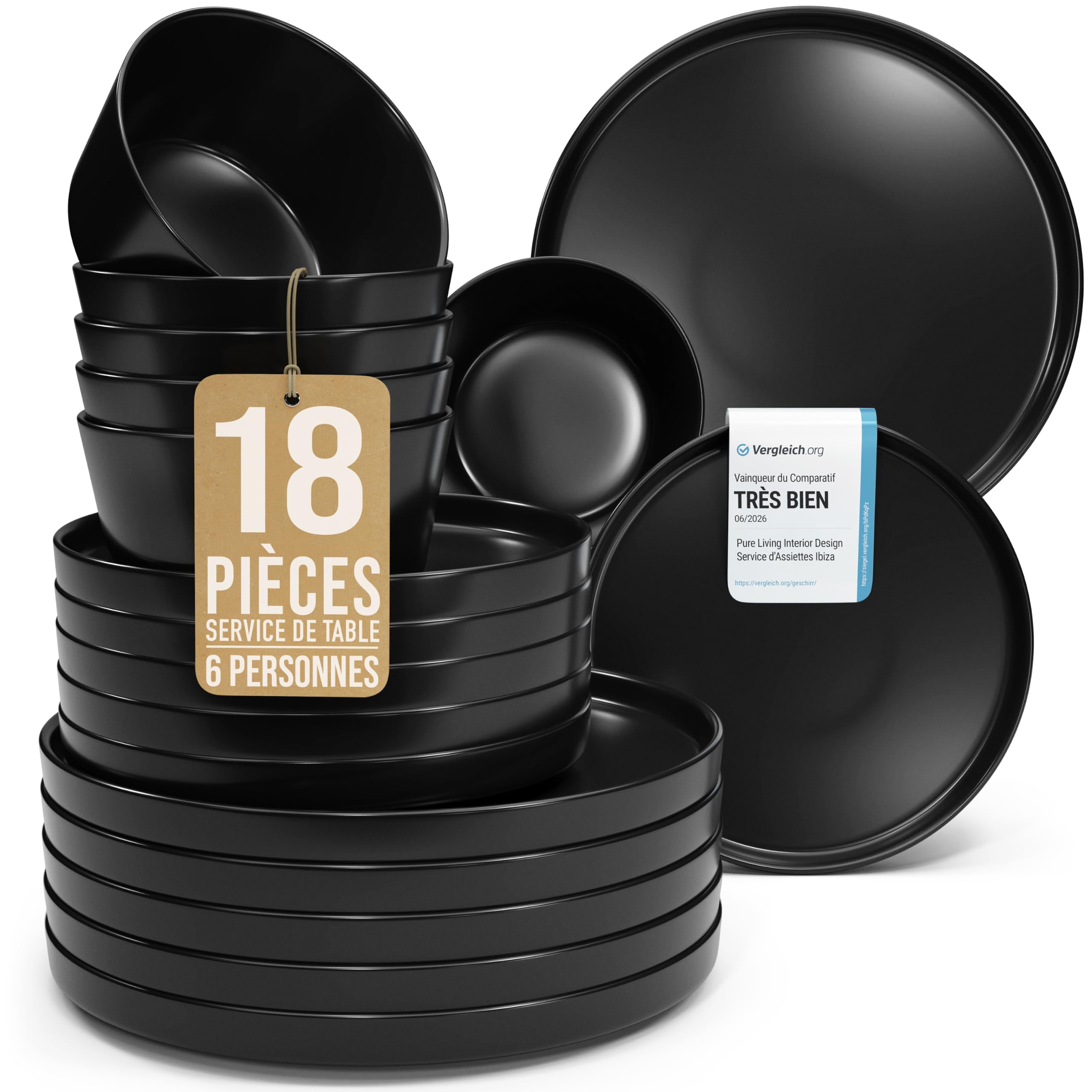 Ensemble de Vaisselle en Grès Noir Manhattan 18 pièces - Service de Table 6 Personnes - Design Urbain Élégant - Assiettes Noires Mattes - Compatible Lave-vaisselle et Micro-ondes - Style Urbain Chic