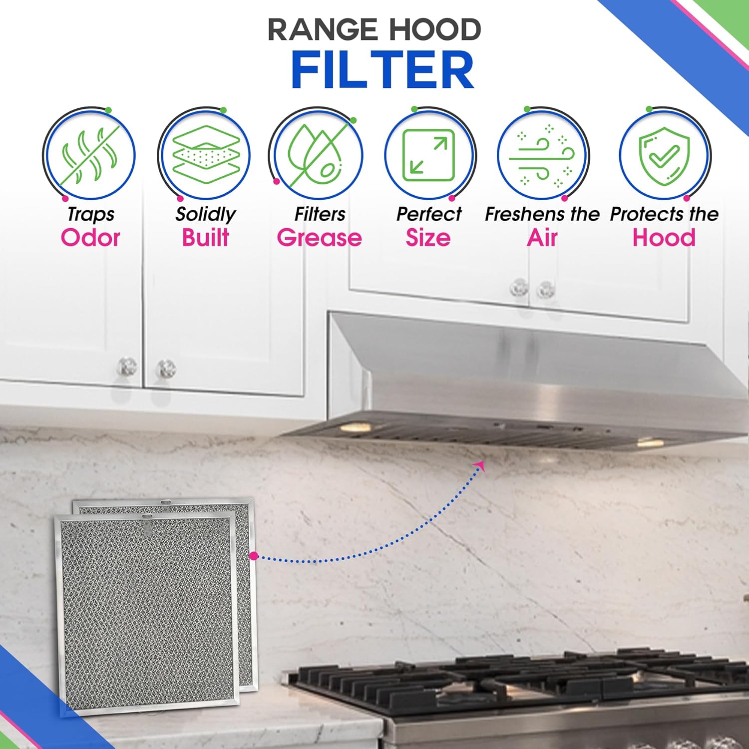 Stove Hood Vent Filter 11.6” x 11.2” BPQTF S99010317 Compatible with Broan Range Hood Filter Replacement for Ductless Overhead - Metal Mesh Filters Grease and Carbon Freshens Kitchen Oven Air (2-Pk)