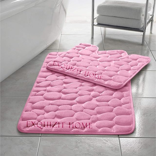 EXQUIZIT HOME Pebble Bath Mat Set Memory Foam Pedestal Set Bathroom Rug 2 Piece Soft Absorbent Non Slip Blush Pink Bath Mat (50CM X 80 CM) & Pedestal Mat (50CM X 40 CM) Approximate