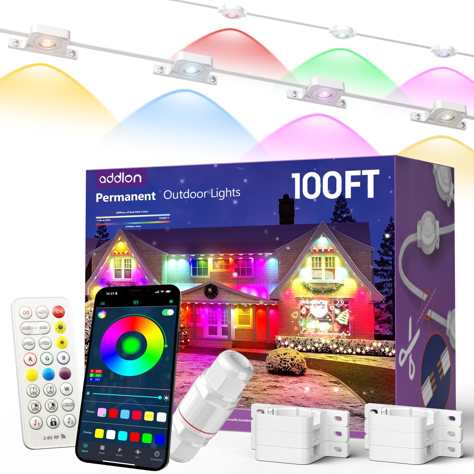 addlon Permanent Outdoor Lights, 100FT with 50 Dual-LED, Cuttable