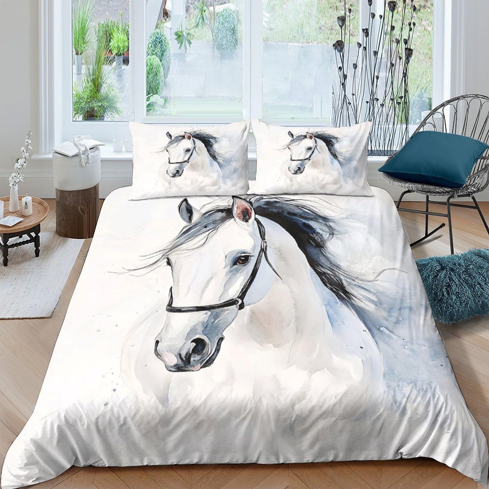 Ctjqhvkz Style-5 3D Printed White Horse Fitted Sheet Microfiber Soft Breathable Watercolor Animal Bed Cover For Bedroom Guest Room Mattress Decor Single（135X200cm）