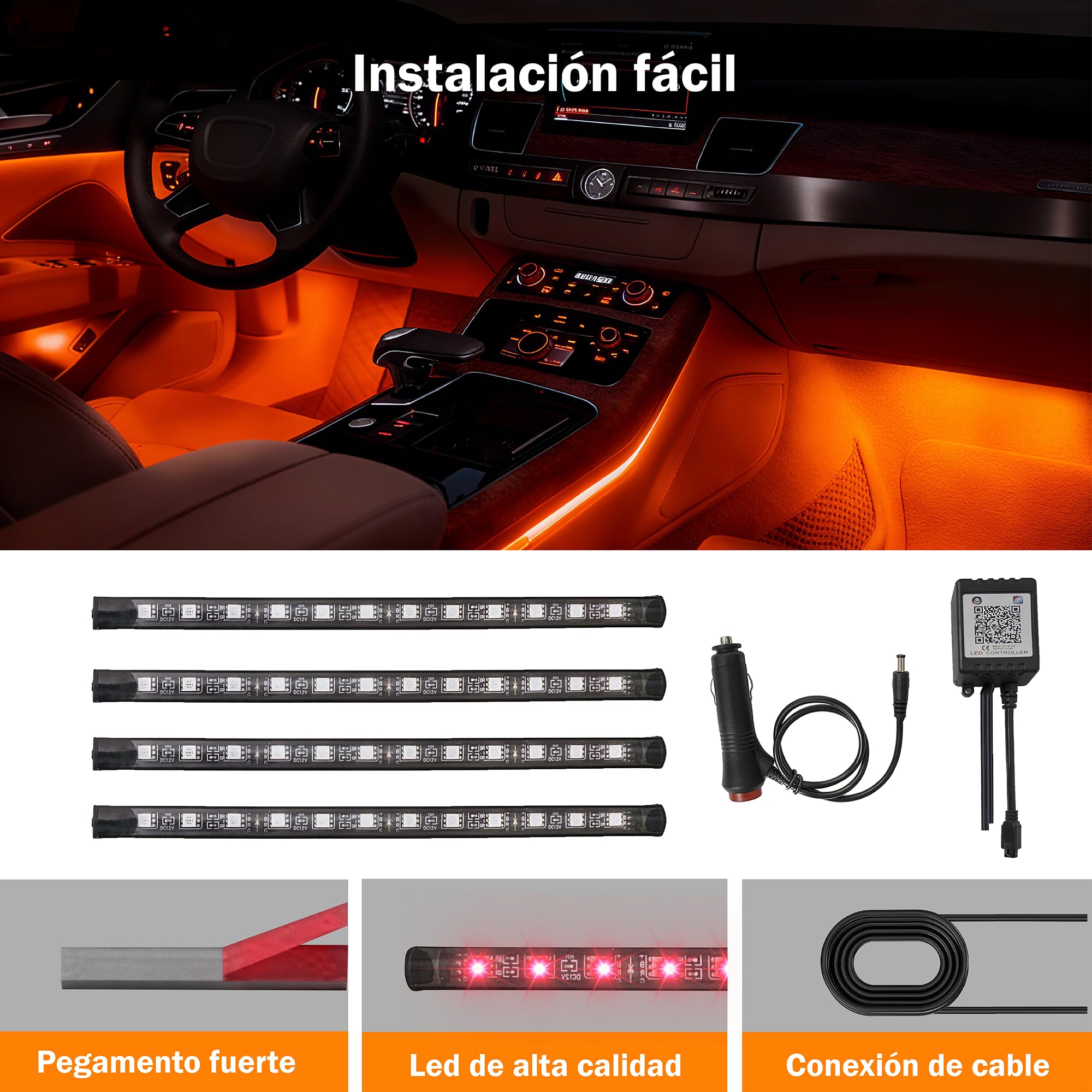 Car Interior LED Lights - 4PCs RGB Strip Lights with Bluetooth APP Control, Music Sync/DIY Mode, USB-Powered Ambient Lighting Kit for Cars, Trucks, SUVs (Universal Fit)