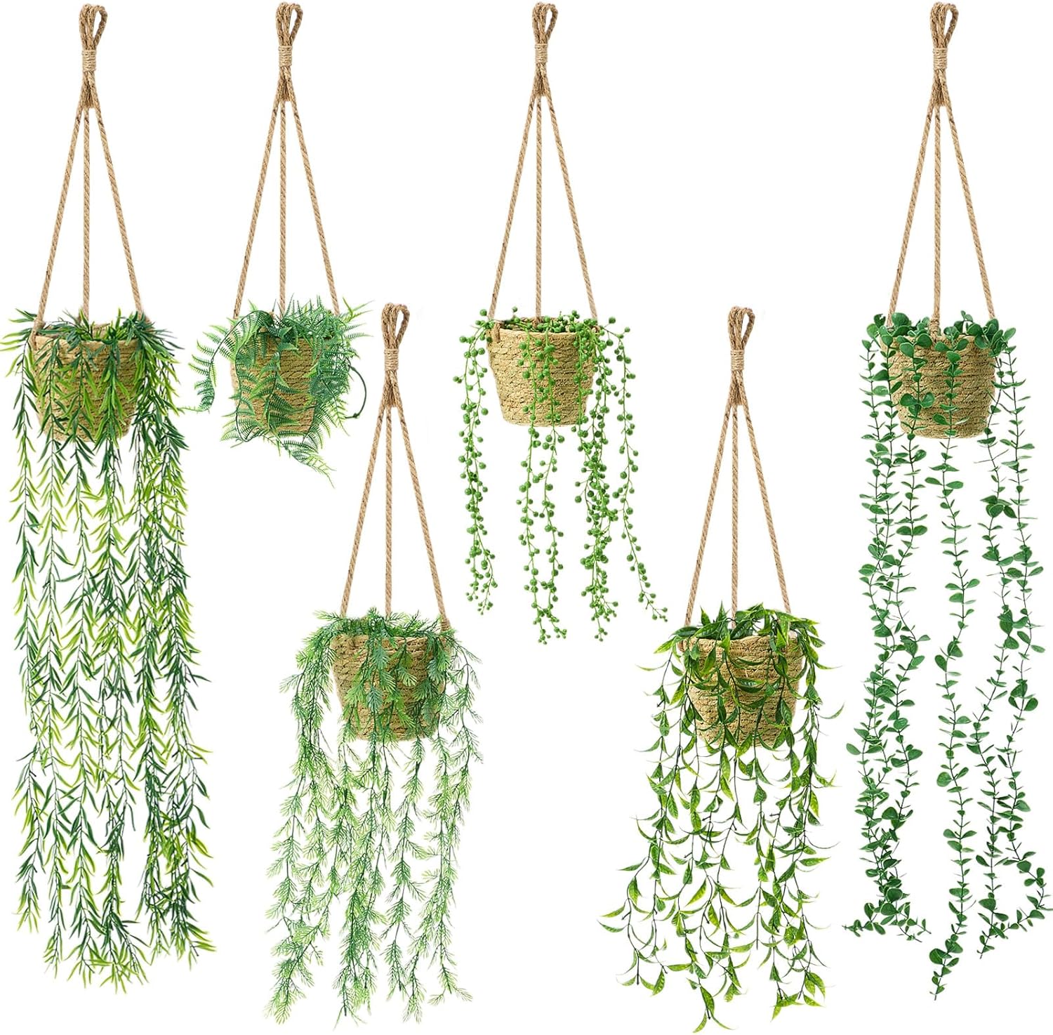 6 Set Mini Fake Hanging Plants with Woven Basket Boho Artificial Ivy Faux Vines Eucalyptus Leaf for Indoor Home Wall Living Room Bathroom Shelf Decor (Mandragora Leaf)