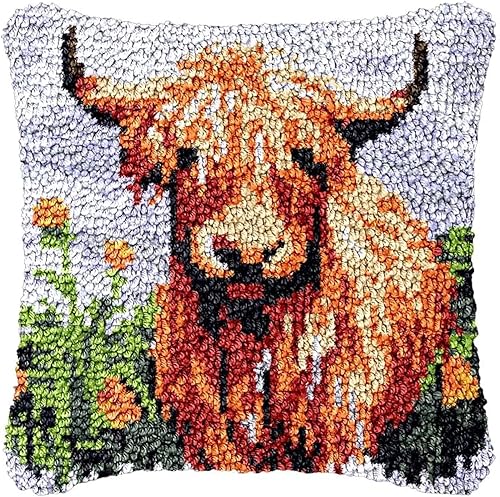 Kit de funda de almohada con gancho de vaca de las tierras altas de las tierras altas para adultos y principiantes, kit de alfombra con gancho de