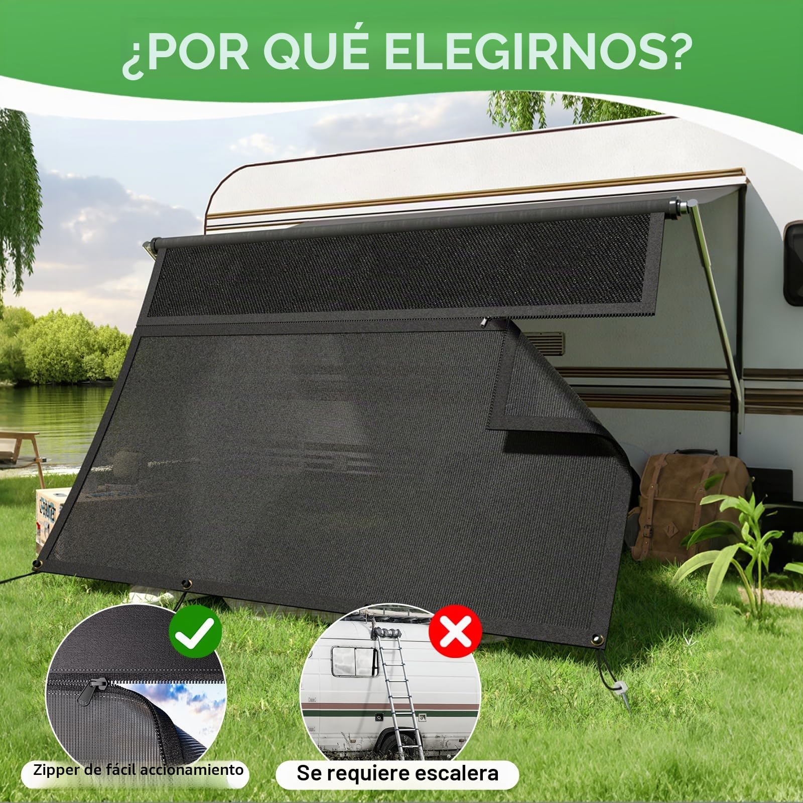 Toldo para Autocaravana, con Cremallera, Ventana panorámica Ajustable (Tela+Red). Protección Visual y Solar, protección Visual Universal con Kits completos, 2,2 m de Alto (2,4 m de Ancho)