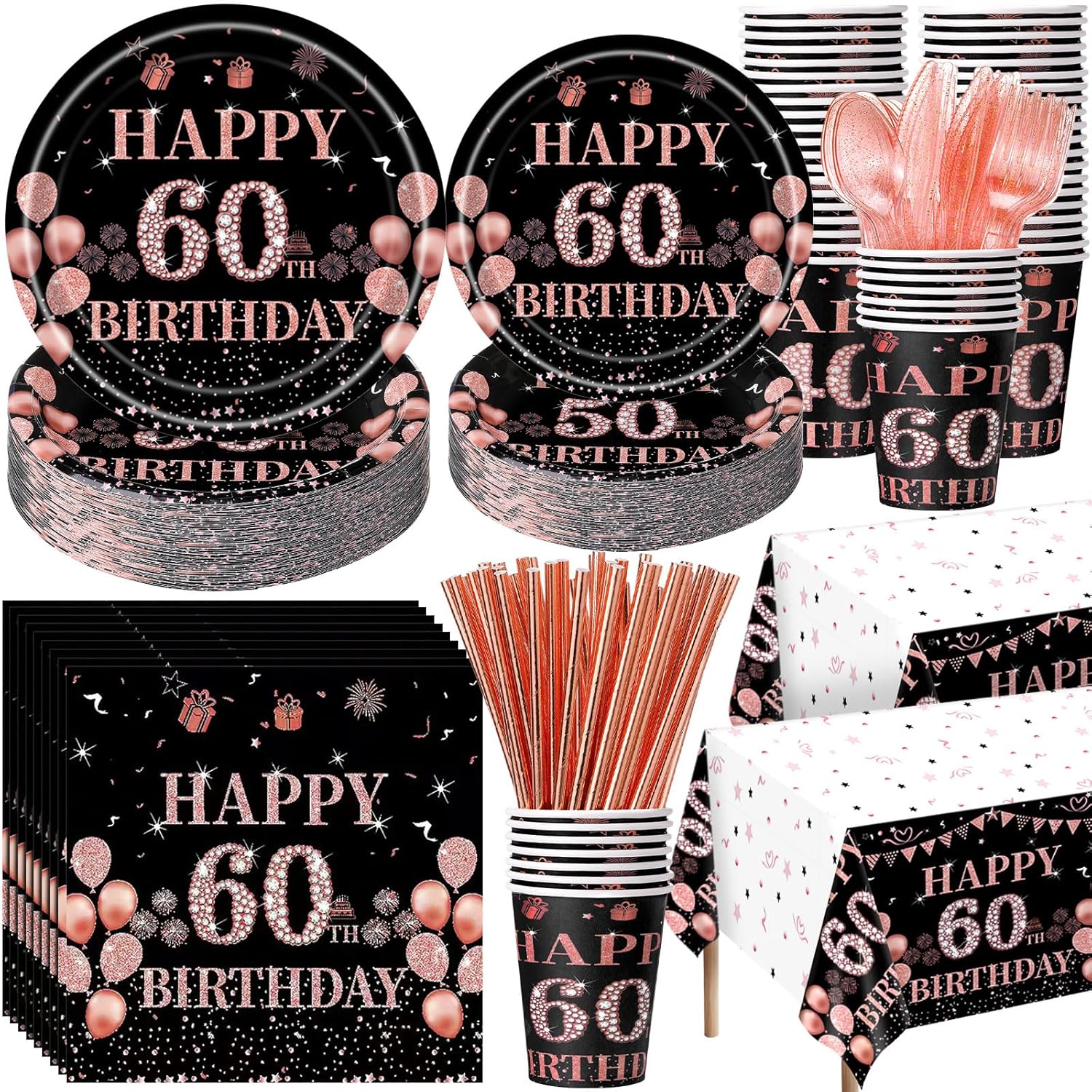 452 Pcs 60th Birthday Decorations for Women Black and Rose Gold 60th Birthday Paper Plates Cups Napkins Tablecloth Cutlery Straws for Girls Women 60 Year Old Party Supplies for 50 Guests