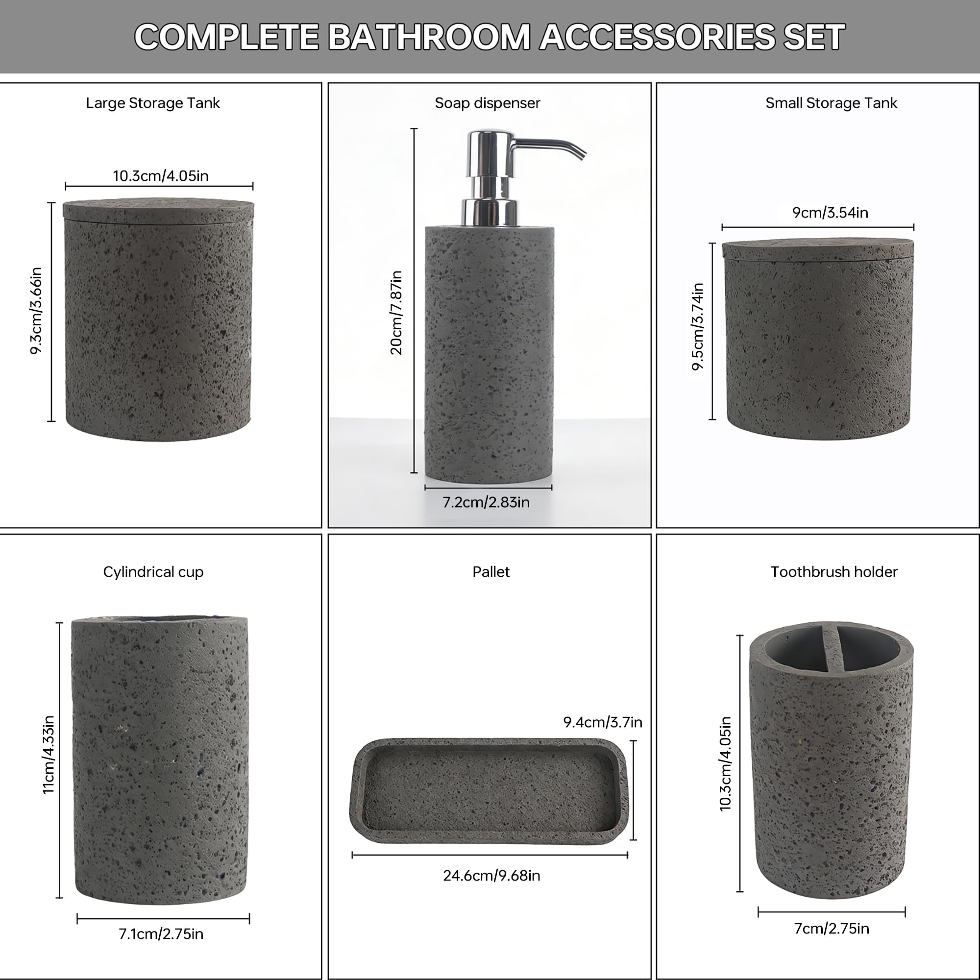 Set de Baño de 6 Piezas - Juego Accesorios Baño con Dispensador de Jabón, 2 Soportes para Hisopos, Soporte para Cepillo de Dientes, Vaso de Baño y Bandeja de Tocador - Poliresina, Aspecto Gris
