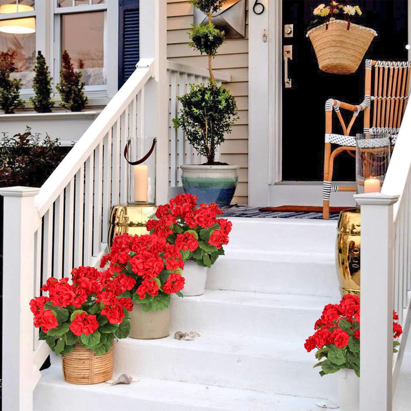 Weldomcor Fiori artificiali, 3 Bundles falso Geranio Fiori resistente ai raggi UV Faux Verde Arbusti Piante per Patio Portico Finestra Scatola di casa di nozze Agriturismo Decor, Rosso