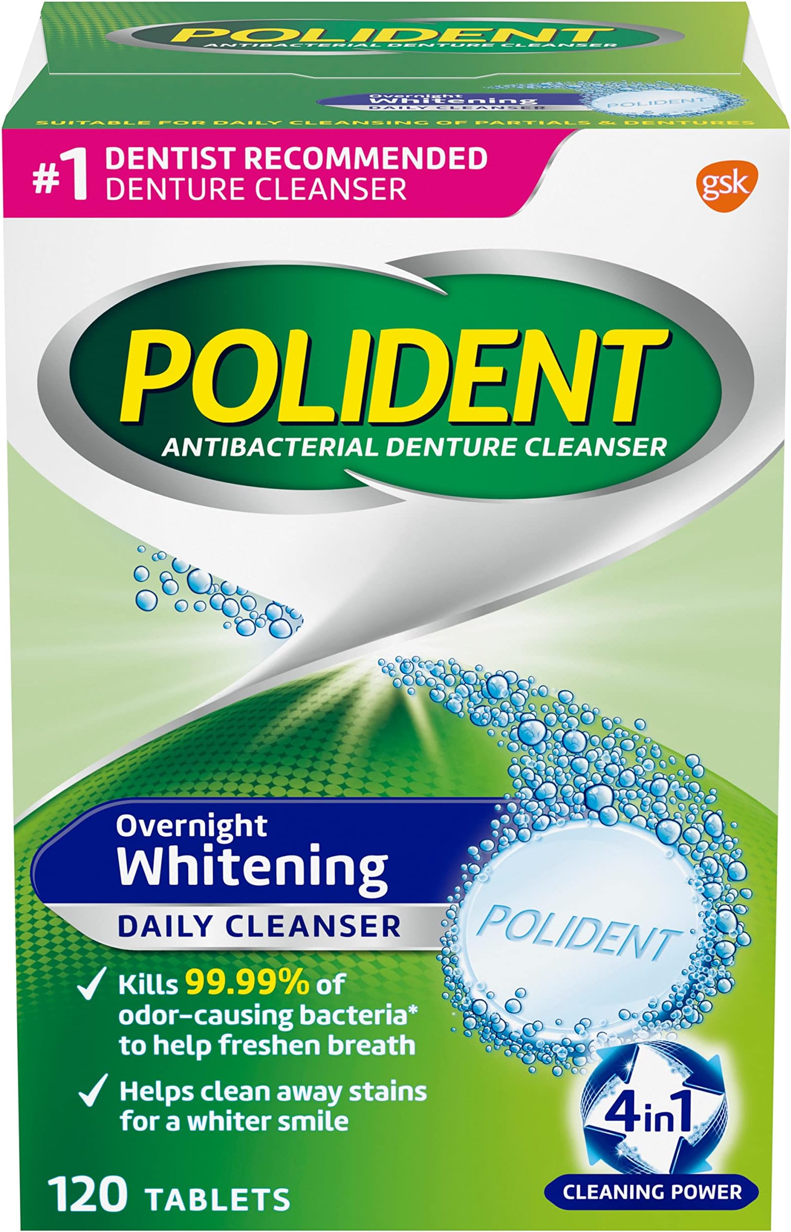Polident Antibacterial Overnight Denture Cleanser Triplemint - 120 Tablets