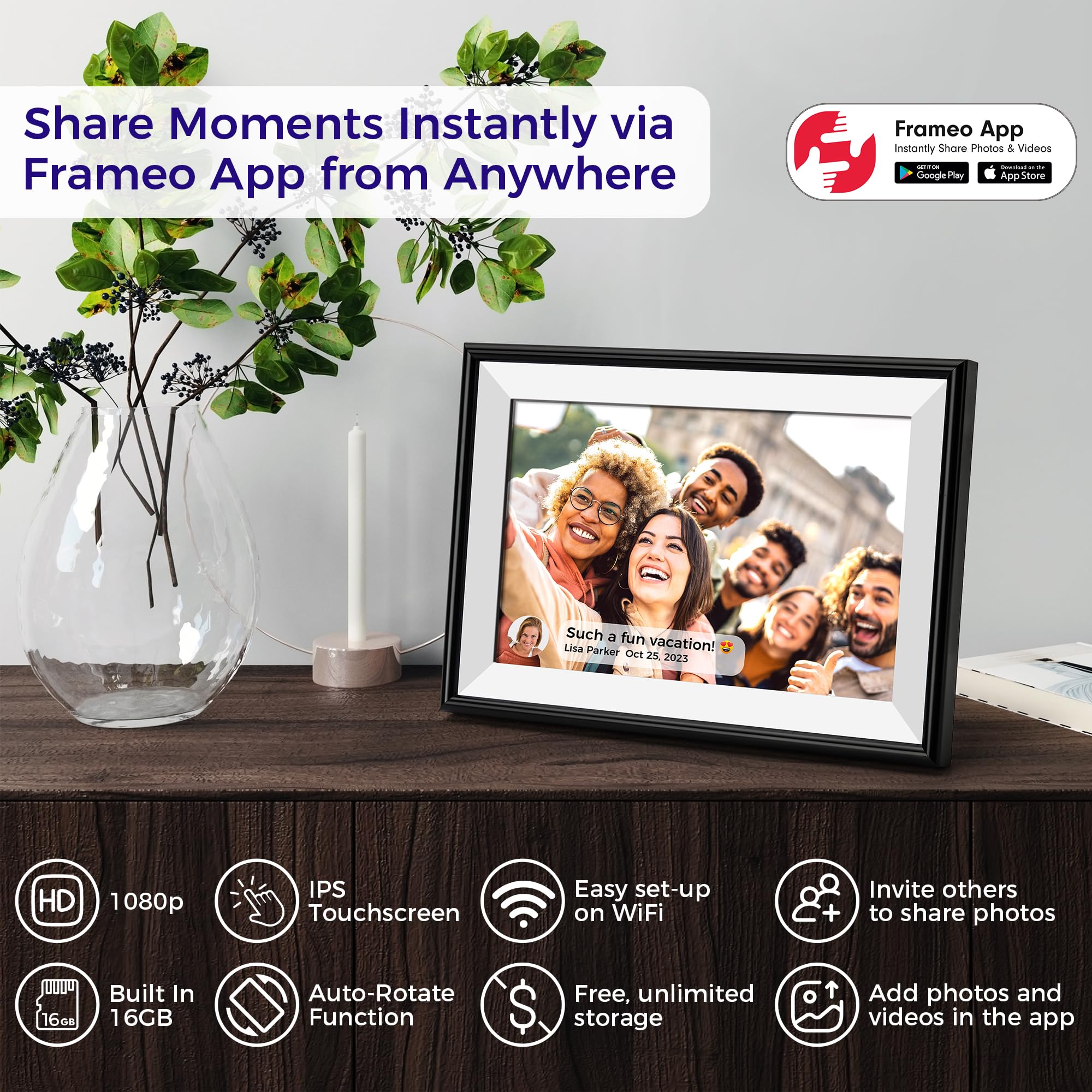ELIME FRAMEO - Marco de fotos digital WiFi de 10.1 pulgadas con almacenamiento de 32 GB, pantalla táctil IPS de 1280 x 800, rotación automática, montaje en pared, marco de fotos virtual