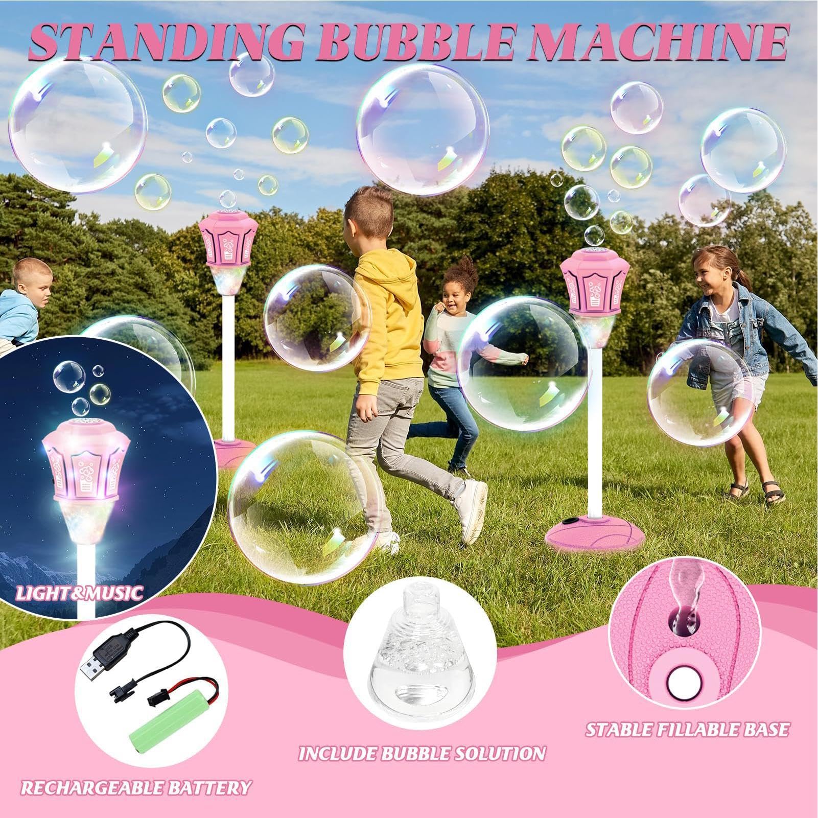 Macchina delle Bolle in Piedi Giocattolo da Esterno con e Musica | Altezza Regolabile 53-119 Cm Generatore Di Bolle Per Feste All'Aperto Giochi Estivi Prato Matrimonio Giardino e