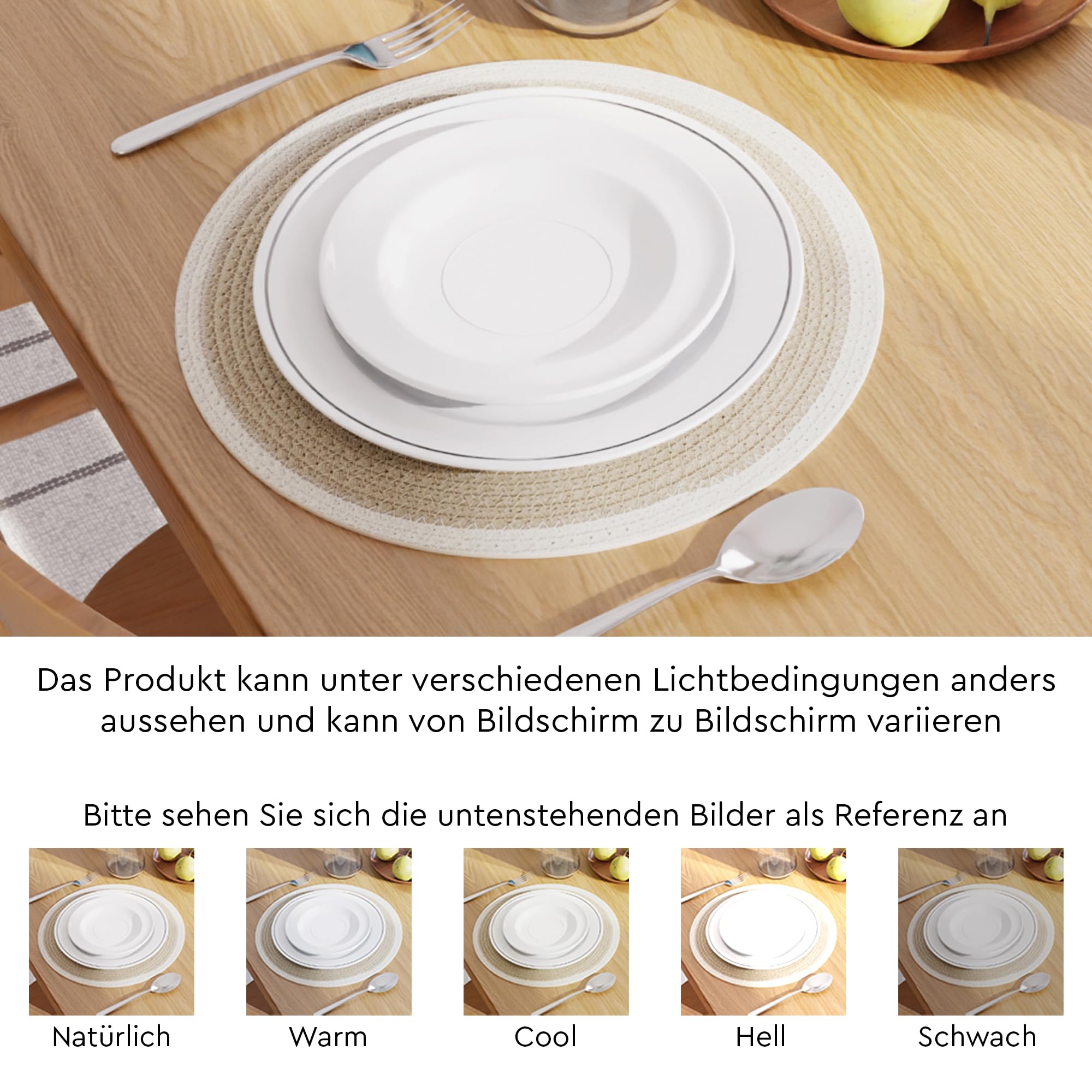 Encasa XO Esszimmer - Tischsets Set aus 6 | Runde Baumwoll-Platzsets - 33 cm Durchmesser | Beige & Cremeweiß | Handgefertigter Rippstil
