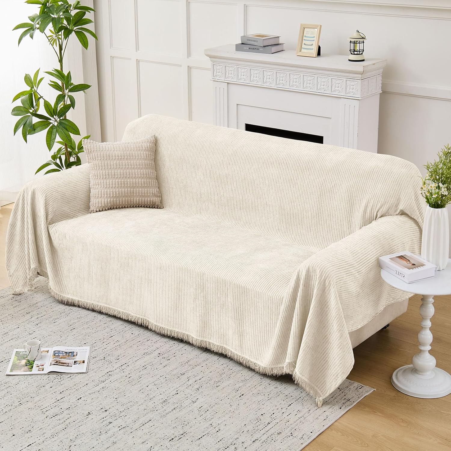 lomao couch cover sofa covers for 3 cushion sectional couch covers l shape couch cover with tassel sofa protector washable reversible chenille sofa slipcover for pet (beige,large(71 * 118)) 2-beige large(71*118)