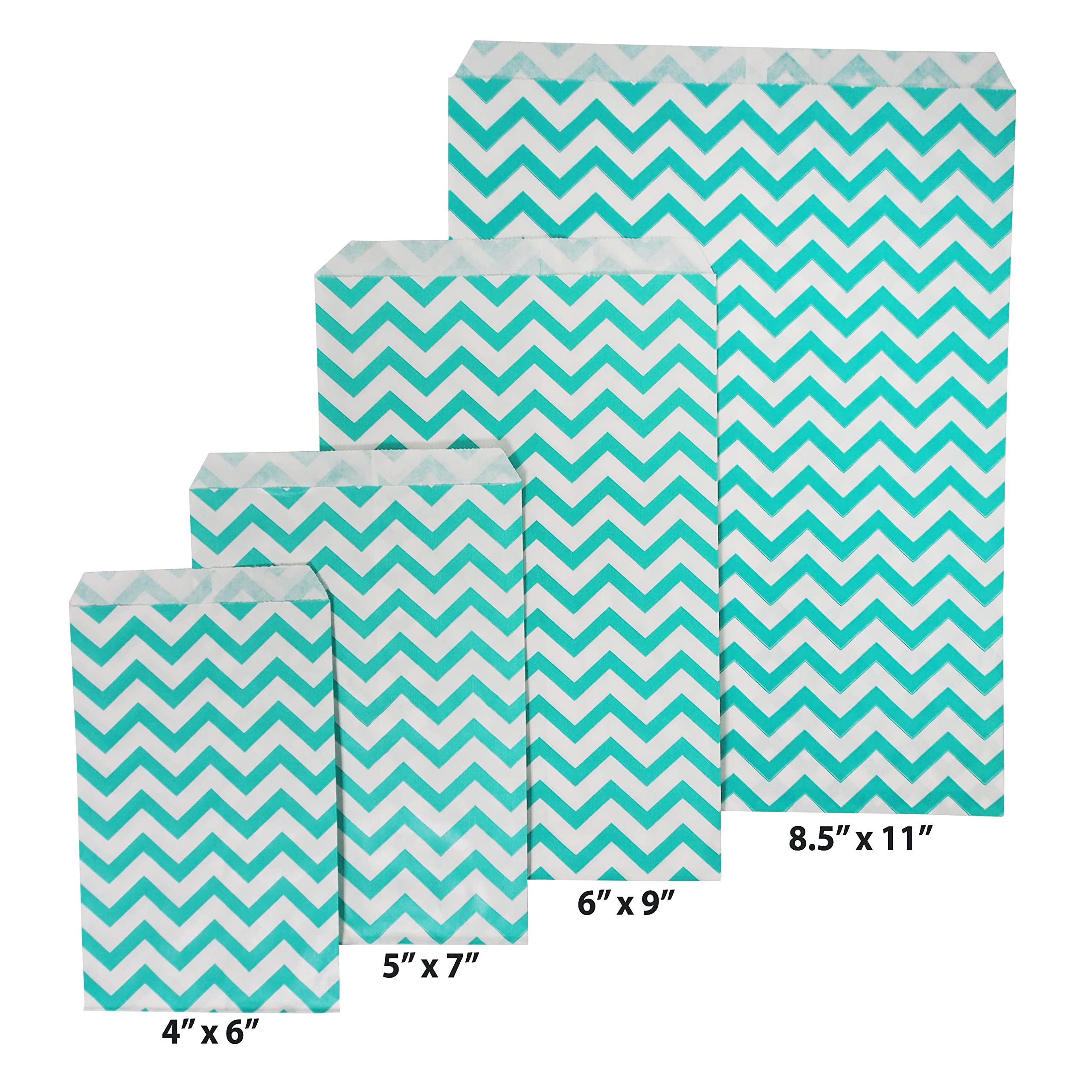 100 Pack Chevron Pattern Flat Paper Gift Bags - 8.5 X 11 Inches, Aqua, No Gusset, Semi-Gloss