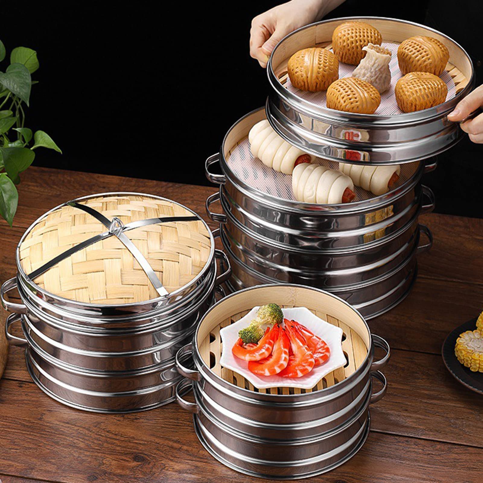 Amazon.de: SYFUNLV Kche Bambus Dampfer,2 Etagen Bambus Dampfgarer mit  Deckel 20 * 13cm Bambus Dampfkorb Dmpfaufsatz mit Edelstahlstreifenbildung  fr Reis, Dim Sum, Gemse,Dumplings, Fleisch