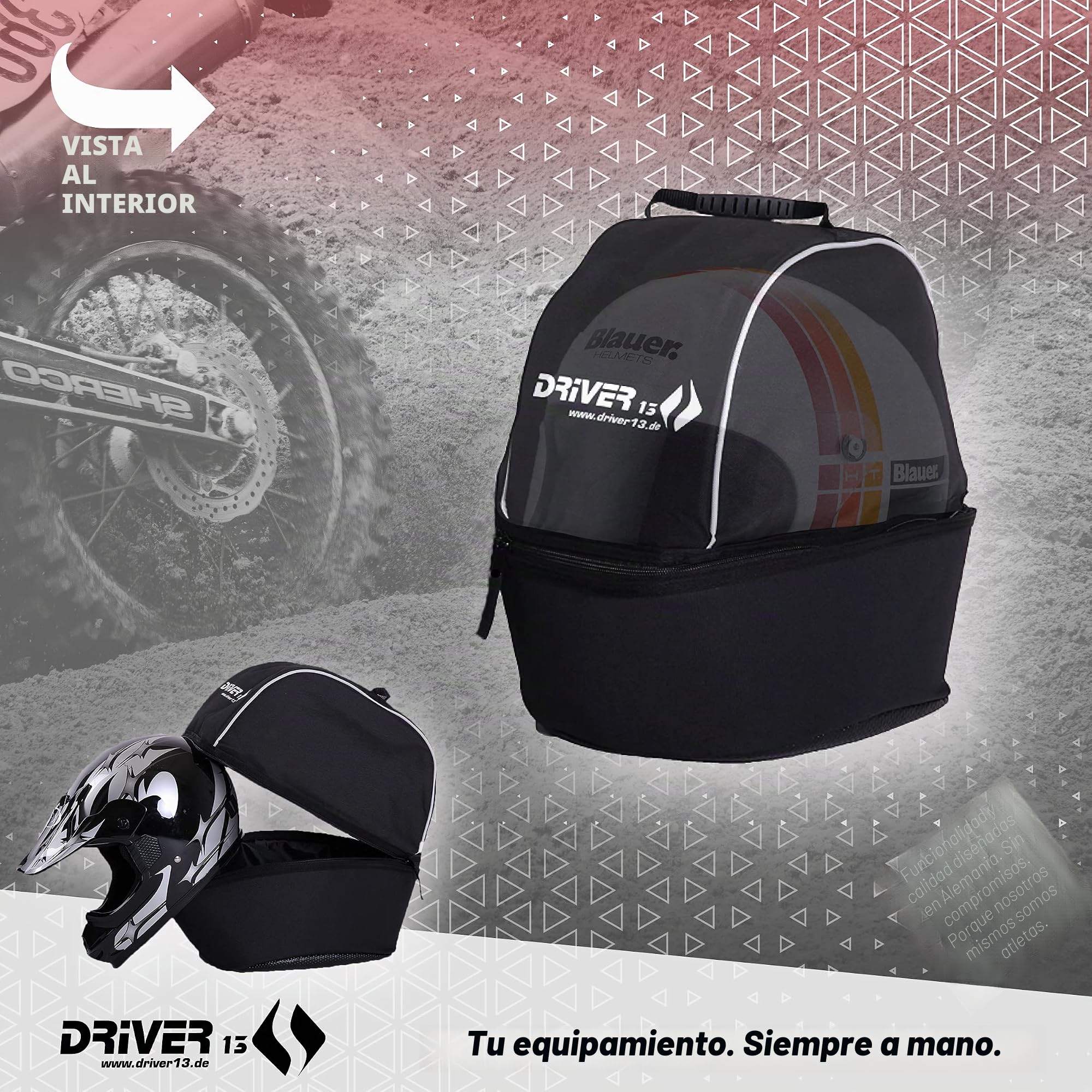 Driver13 Bolsa de Casco XL para Casco de Moto y Motocross, Acolchada, con ventilación y Bolsillo Interior para Visor de Repuesto, Negro, 38 x 30 x 30 cm