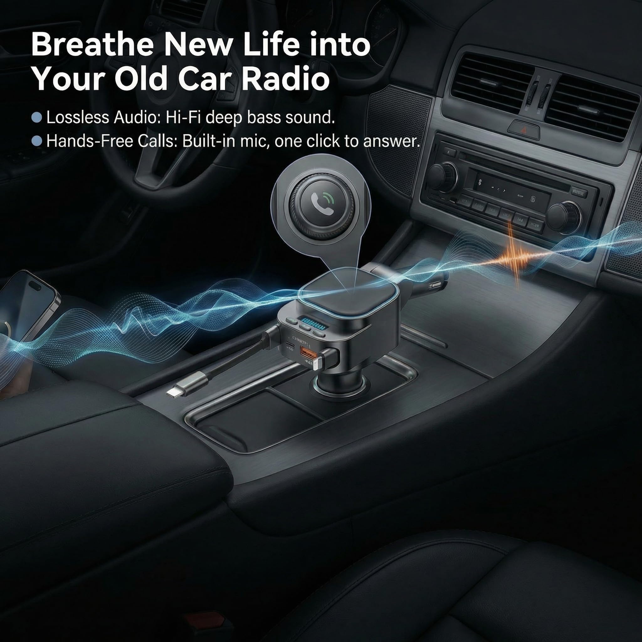 96 W auto retrattile caricabatterie con adattatore per auto Bluetooth, ricarica rapida 4 in 1, trasmettitore radio Bluetooth 5.3 FM, chiamate in vivavoce, adattatore per caricabatterie da auto USB C