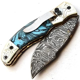 POC-9776 Folding Damascus Steel Hunting Knife with Pocket Clip Sheath - PAL 2000 KNIVES