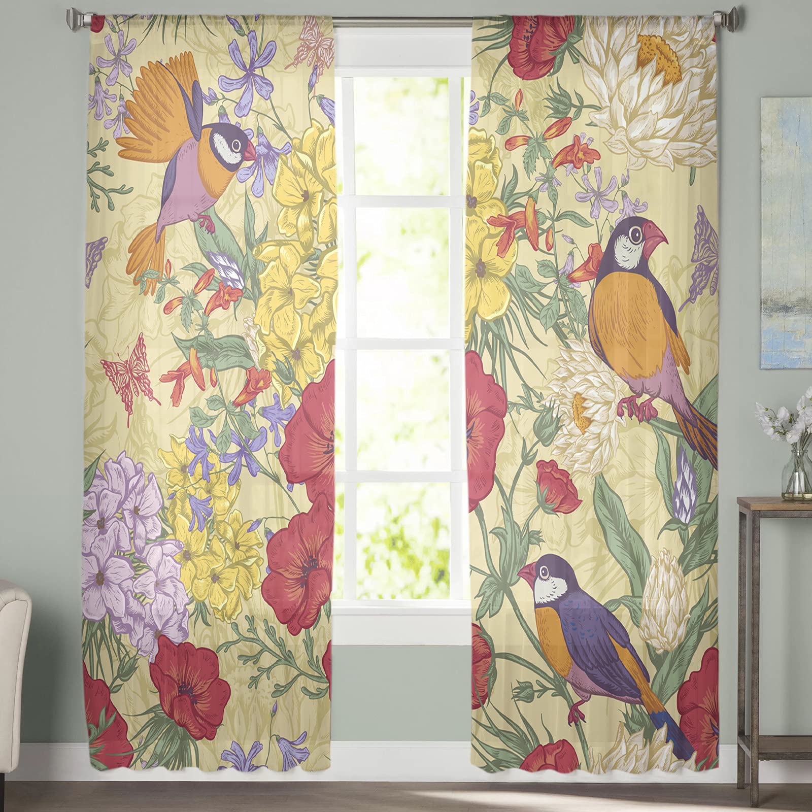 Ogród Vintage Kwiat Ptak Motyl Zasłony Okno Sypialnia Nowoczesna Zasłona Sheer Tiul Falbany Salon Kuchnia Zasłona Woal - HZF02816, Szer. 135 x Wys. 137 cm x 2