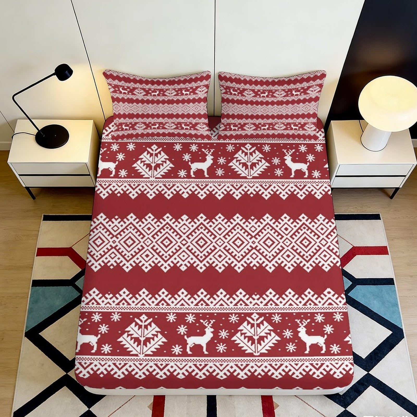 3D Printed Red Nordic Reindeer Fitted Sheet Microfiber Soft Breathable Geometric Mattress Cover for Bedroom Guestroom 90x200x25cm