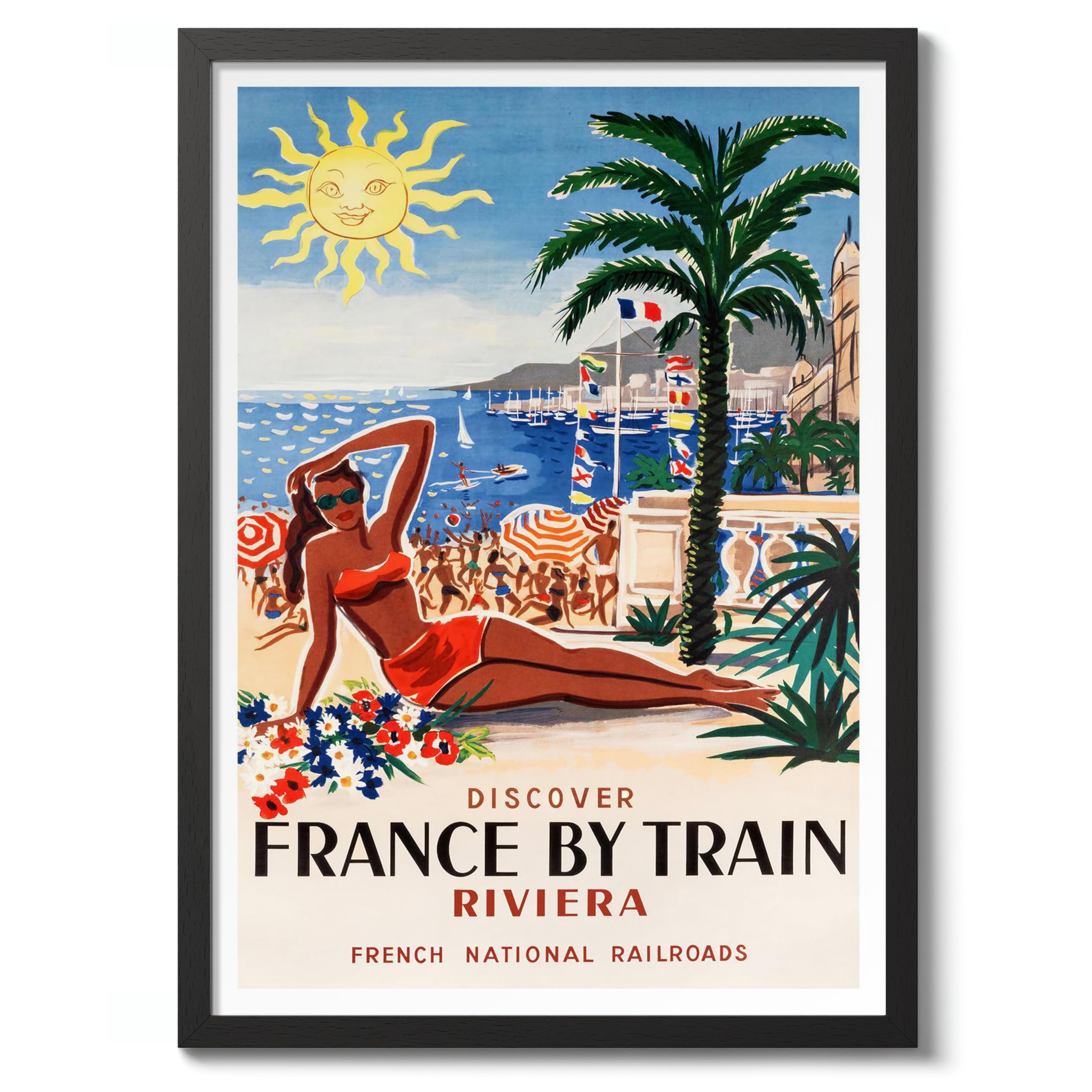 Discover France By Train Vintage French Travel Poster, Retro France Tourism Print, Holiday Home Decoration Wall Art, A4 (Black Frame) - 29.7x21cm