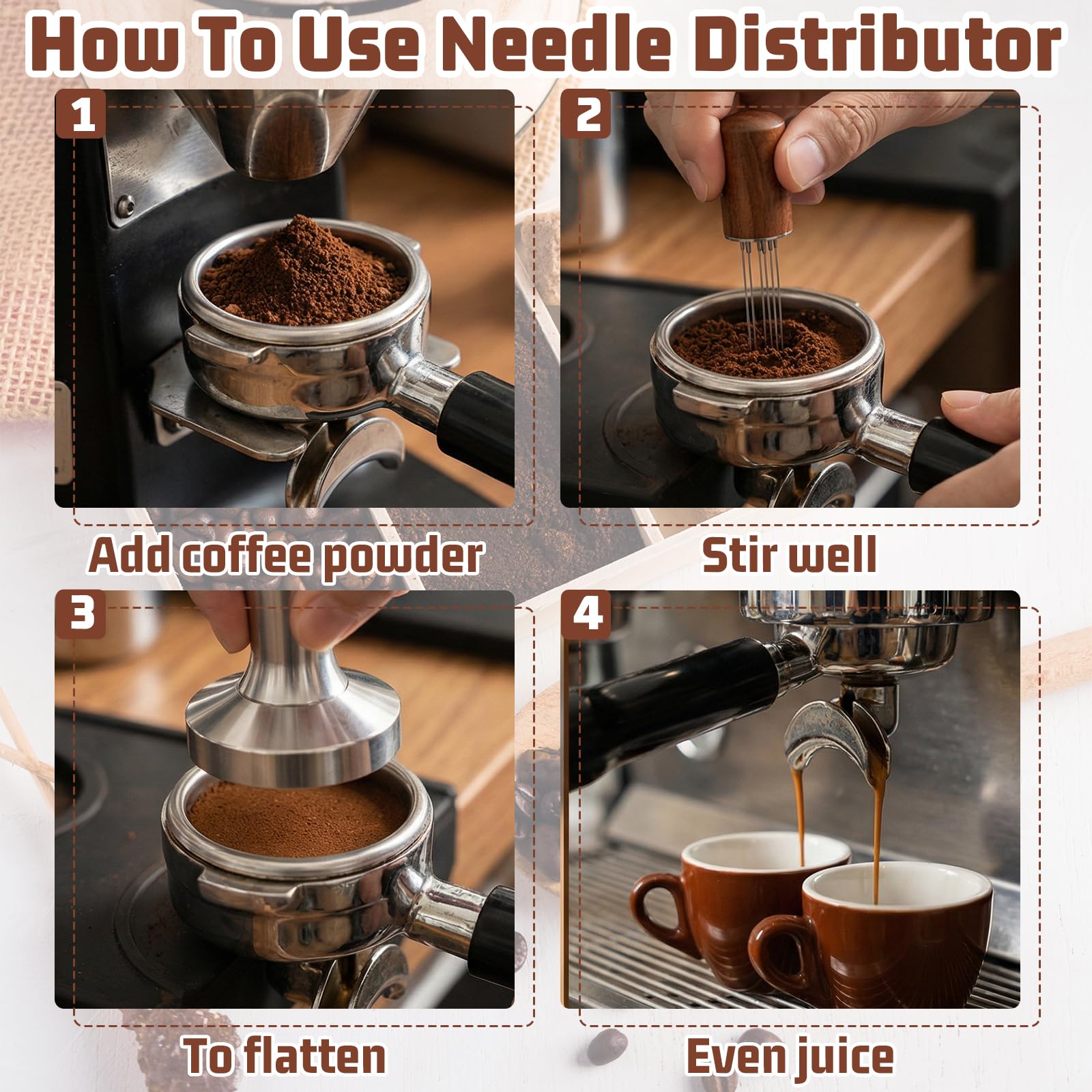 Sibba Espresso Café Agitador 6 Agujas, Herramienta de Distribución de Espresso WDT Herramienta de Distribución con Mango de Madera Natural y Base, Mezclador de Café Acero Inoxidable Latte Art Pen
