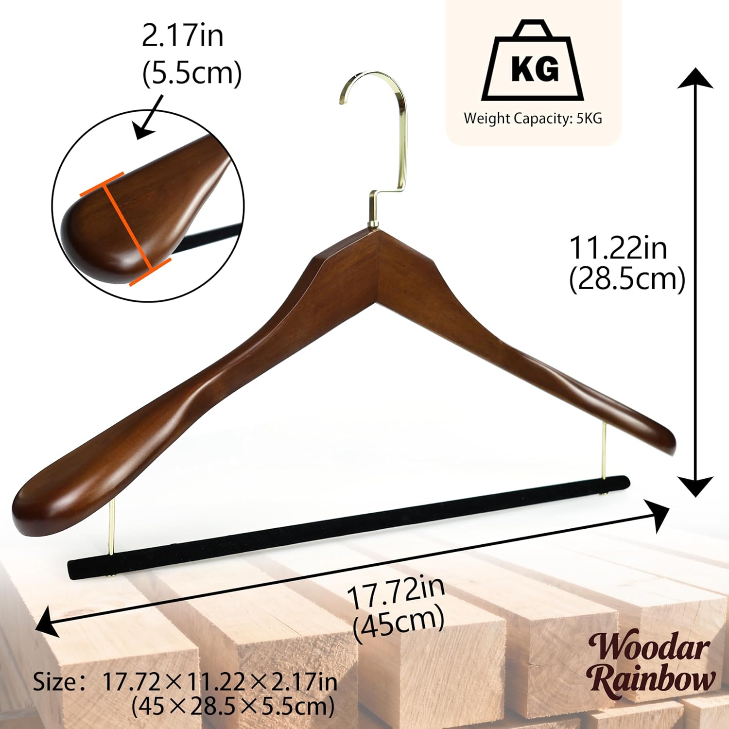 Luxury Wide Shoulder Wooden Suit Hangers, Flocking Pants Bar, Classisc Solid Wood Jacket Clothes Hangers Smooth Finish for Sweater Dress Pants Sport Coats (Dark Brown, 3 Pack)