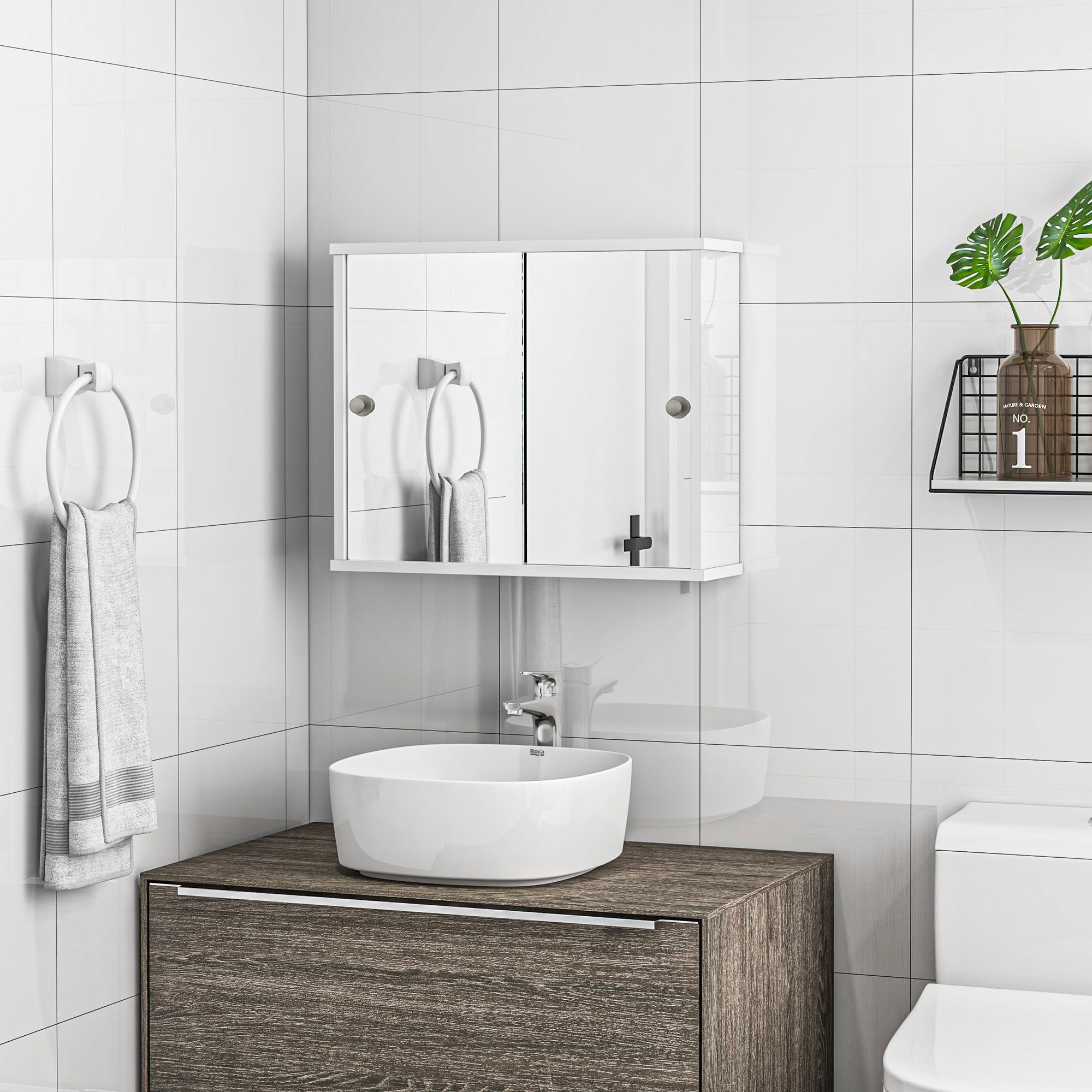 kleankin Armario con Espejo de Baño Mueble Colgante para Baño con Estante Ajustable y Puerta Corredera Doble para Dormitorio 55x15x45 cm Blanco Brillante