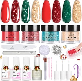 Beetles Christmas Dip Powder Nail Kit, Winter Colors Red Green Glitter Golden Dipping Powder with Liquid Set and Tools for French Nail Art, Easy DIY Home Manicure Salon Merry Sparkle Collection