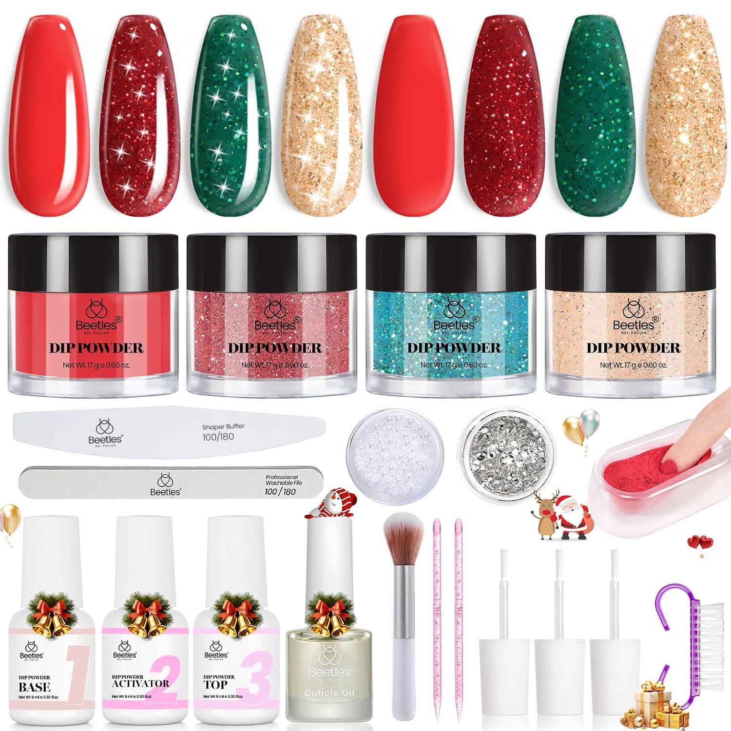 Beetles Christmas Dip Powder Nail Kit, Winter Colors Red Green Glitter Golden Dipping Powder with Liquid Set and Tools for French Nail Art, Easy DIY Home Manicure Salon Merry Sparkle Collection