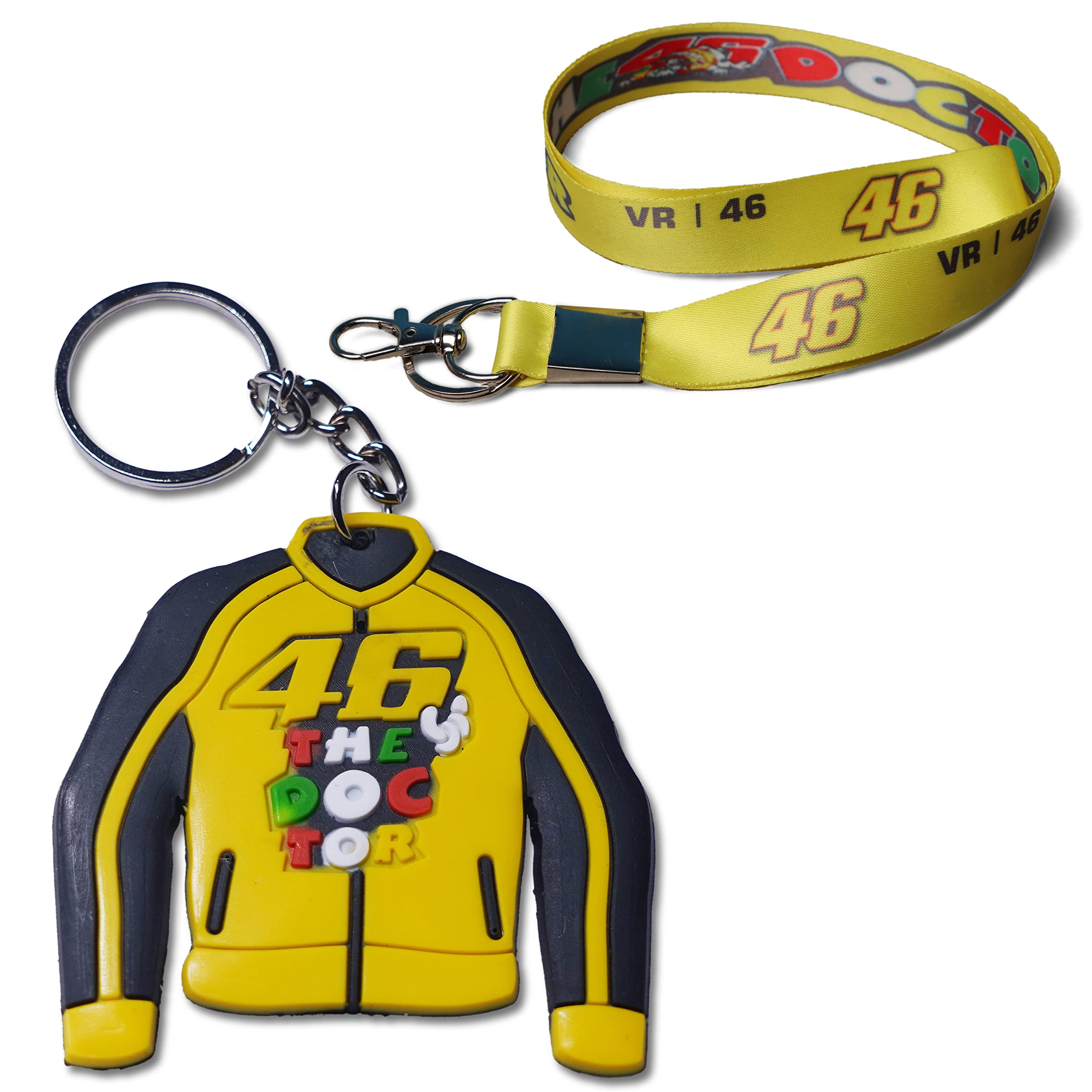 GenericRinkon VR46 Keychain PACK OF 2 For Men Boys Moto Gp Racing Vr46 Bikers Keychains Lanyard Stylish Sports Doctor Valentino Rossi Fans Club Rope Fabric ID Tag Fashion Premium Hook Locking YELLOW JACKET