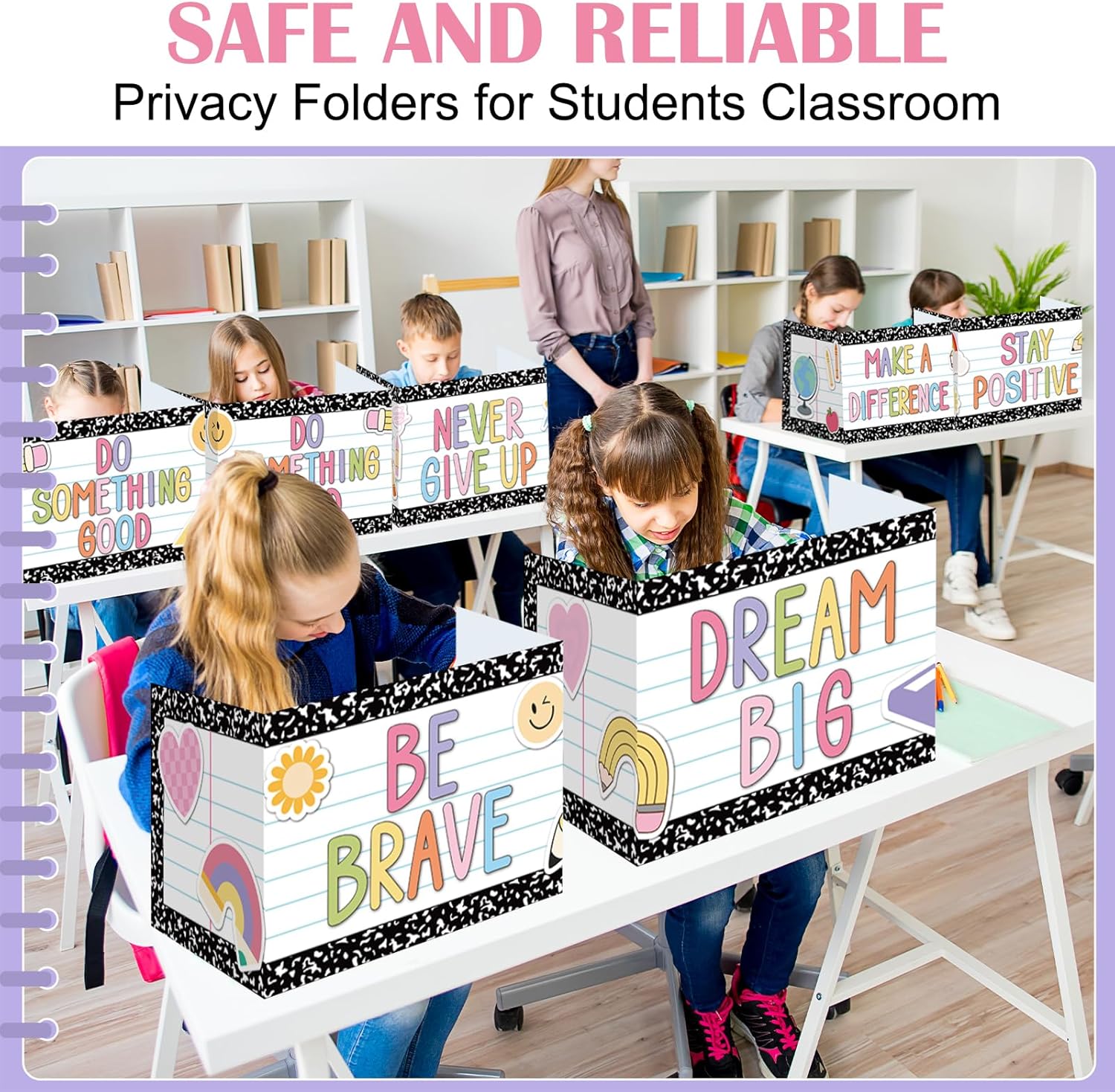 Honoson 24 Pcs Bulk Inspirational Privacy Folders for Students Cardboard Test Privacy Boards Motivational Words Desk Dividers Shield for Classroom School Study Supplies, 6 Styles(Composition)