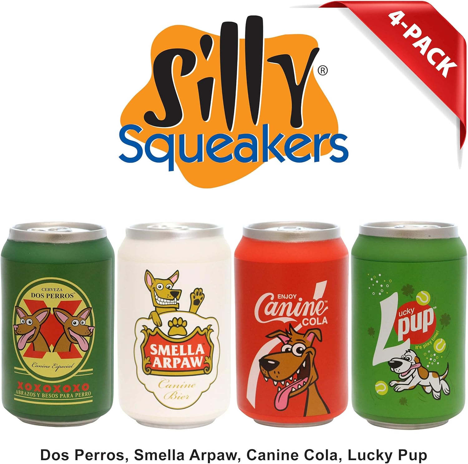 SILLY SQUEAKERS –Beer Can -Combo Pack- Dog Toy - 100% Vinyl. Made Durable & Strong. Novelty Play Toy &Floats (Beer & Soda 4 Pack Option #1)