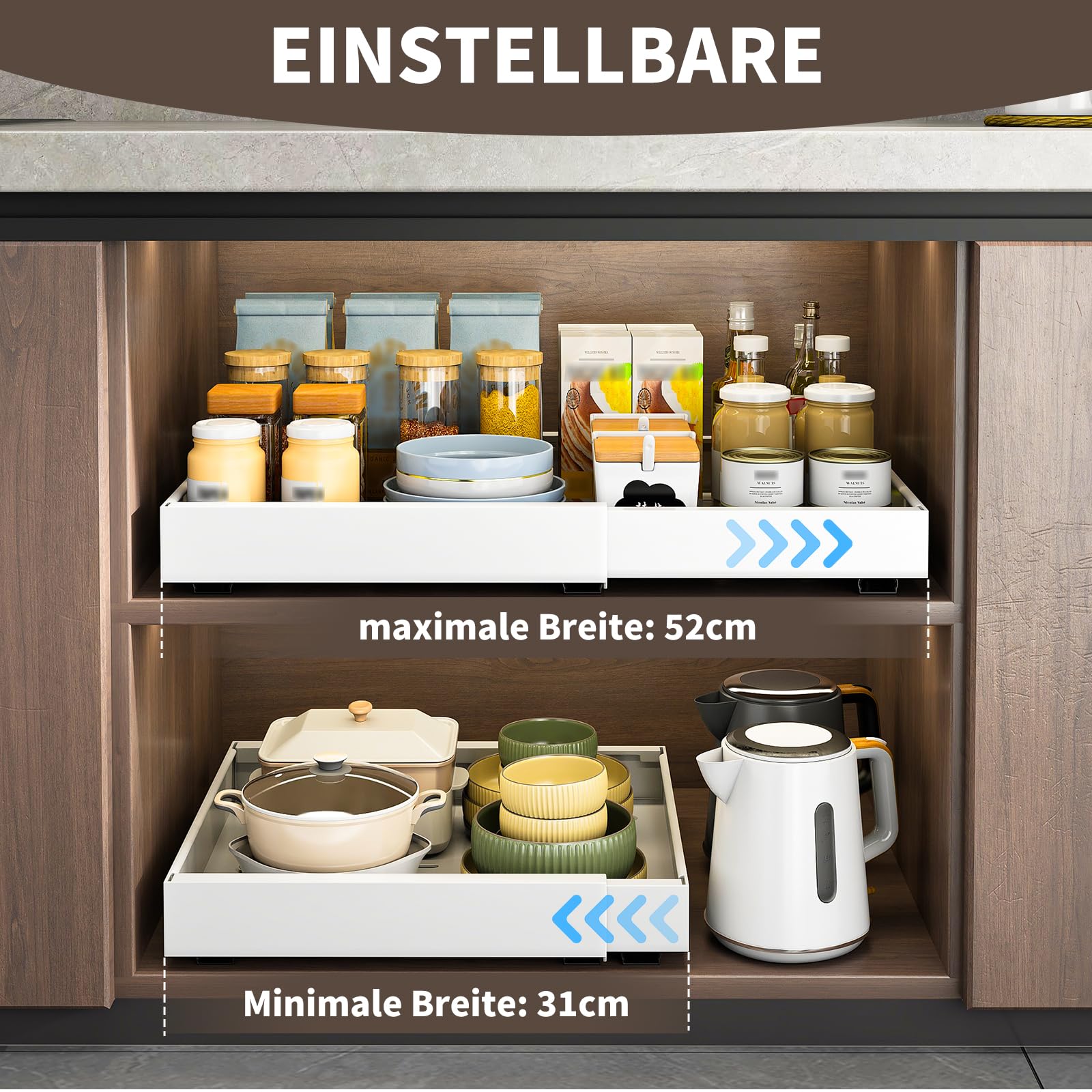 OUUTMEE Confezione da 1 organizer adesivo espandibile per armadietti, 3 guide scorrevoli per mobili da cucina, senza trapano, mensola scorrevole per casa, cucina, dispensa, larghezza regolabile 32-52