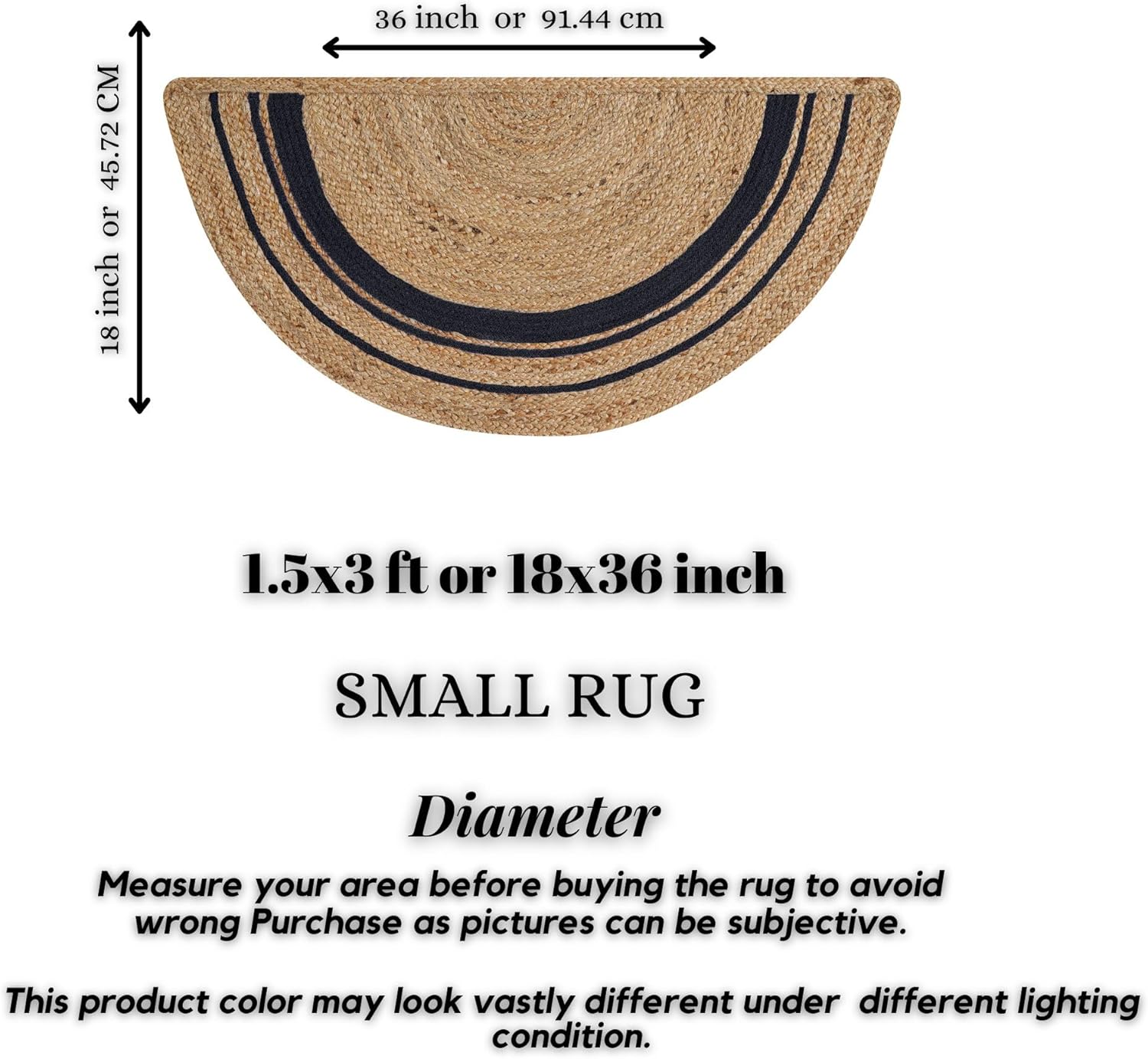 Boho Braided 1.5x3 Area Rug - Jute Natural Fiber Half Round Rug for Living Room Entryway, Farmhouse, Home, Indoor Rugs Jute Door mat for Bathroom, Kitchen (Black Natural, 1.5 X 3 ft)