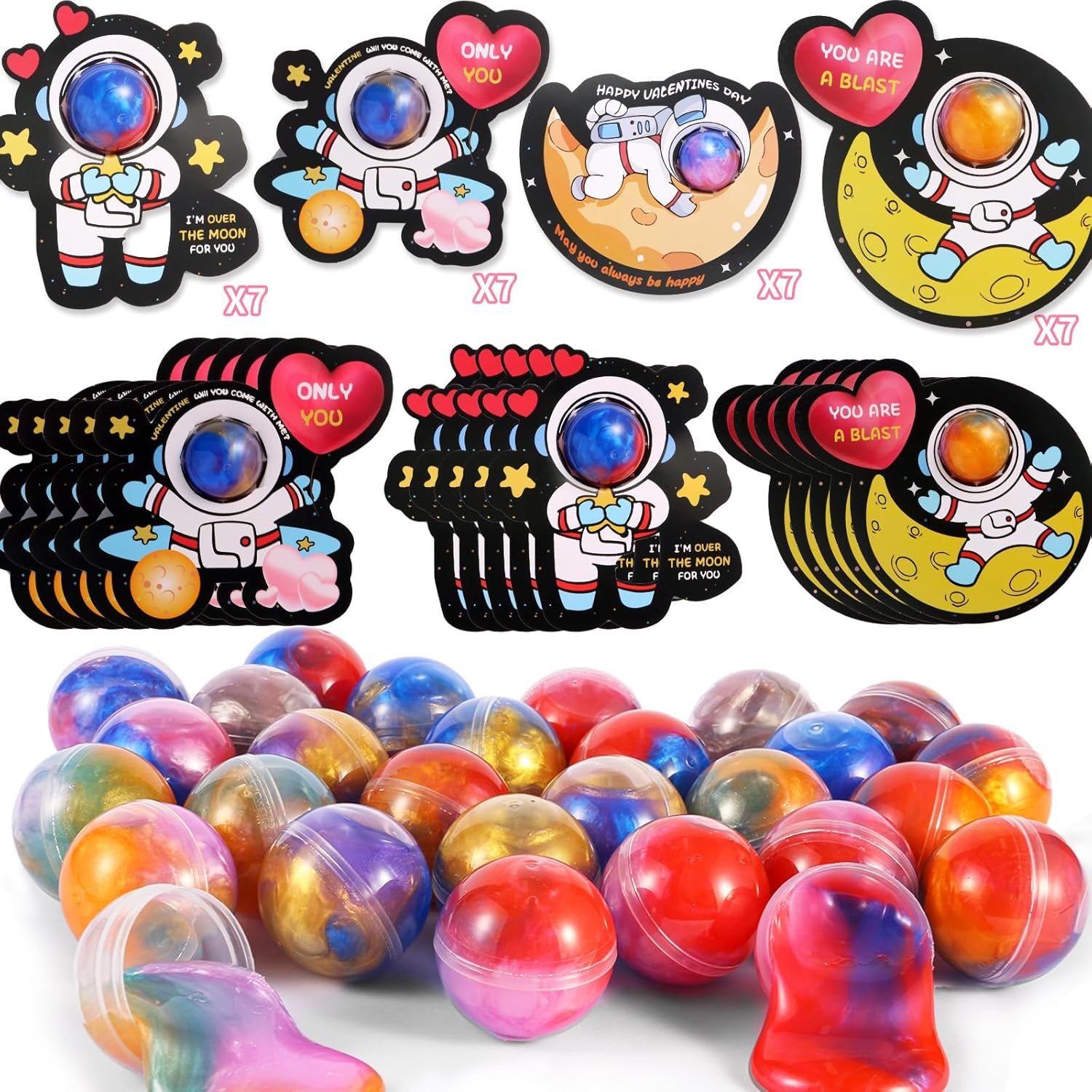 28 Pack Valentines Day Cards for Kids School with Galaxy Slime, Stress Relief Fidget Toys with Cards, Valentines Day Cards for Kids Classroom Exchange and Party Favor Gifts Special Cards
